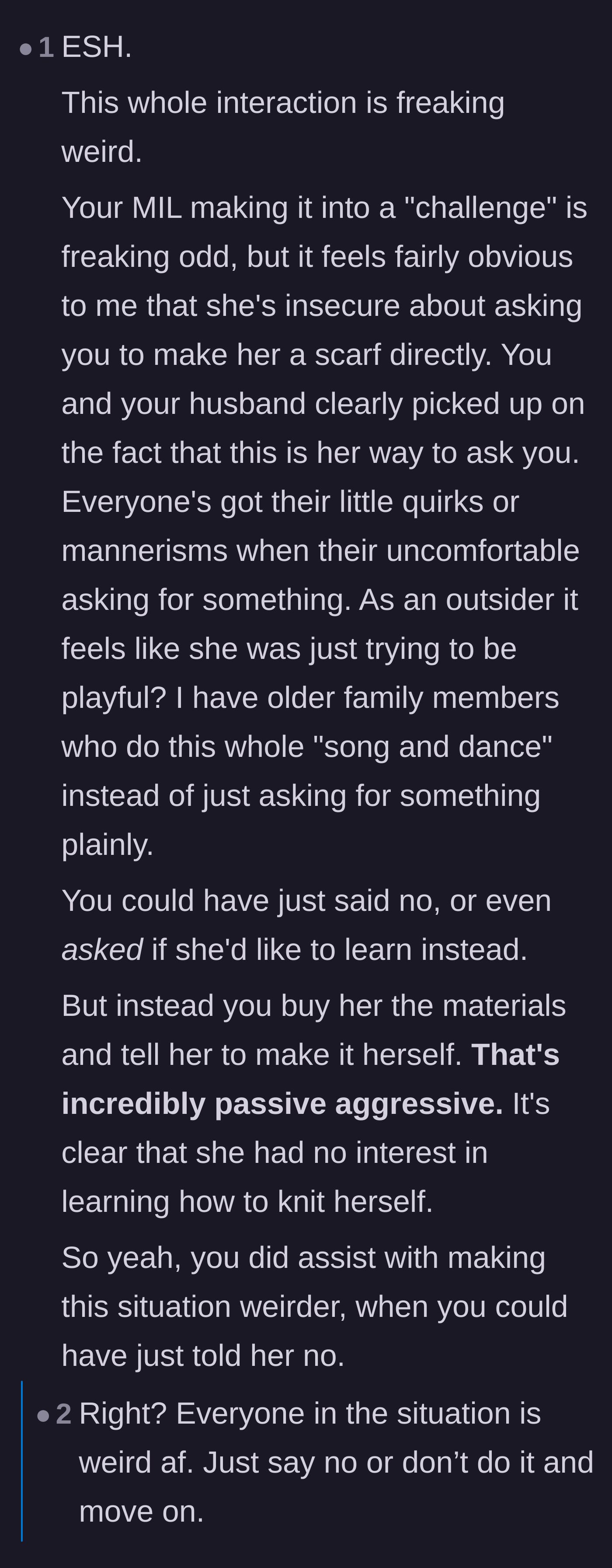 Comment thread 2 - Discussing the passive-aggressive behavior displayed by both the mother-in-law and the crafter.