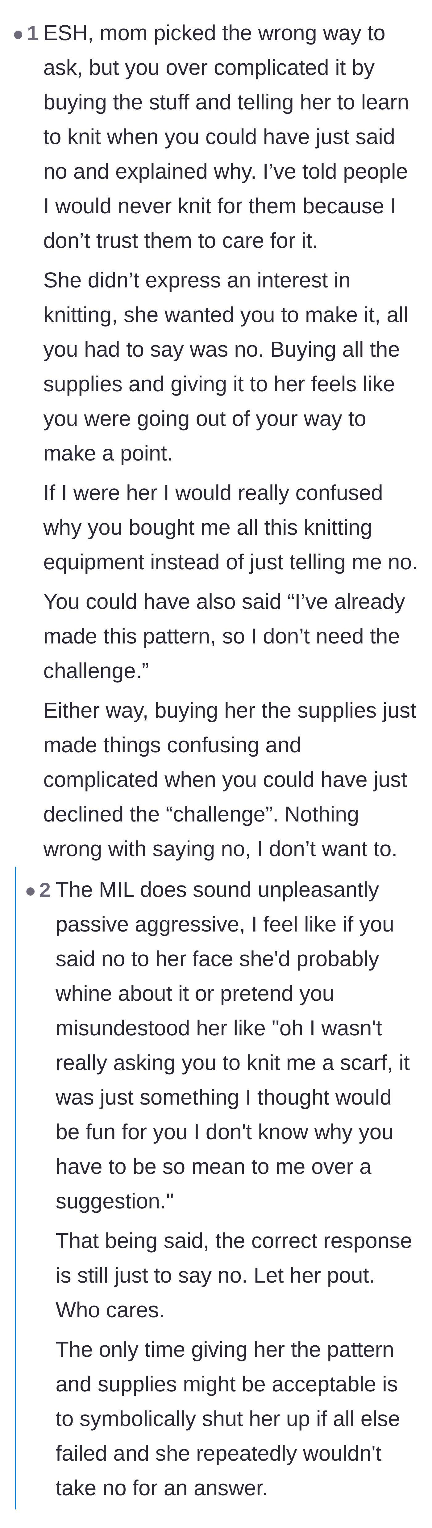 Comment thread 3 - Analyzing how buying the knitting kit overcomplicated a simple refusal.