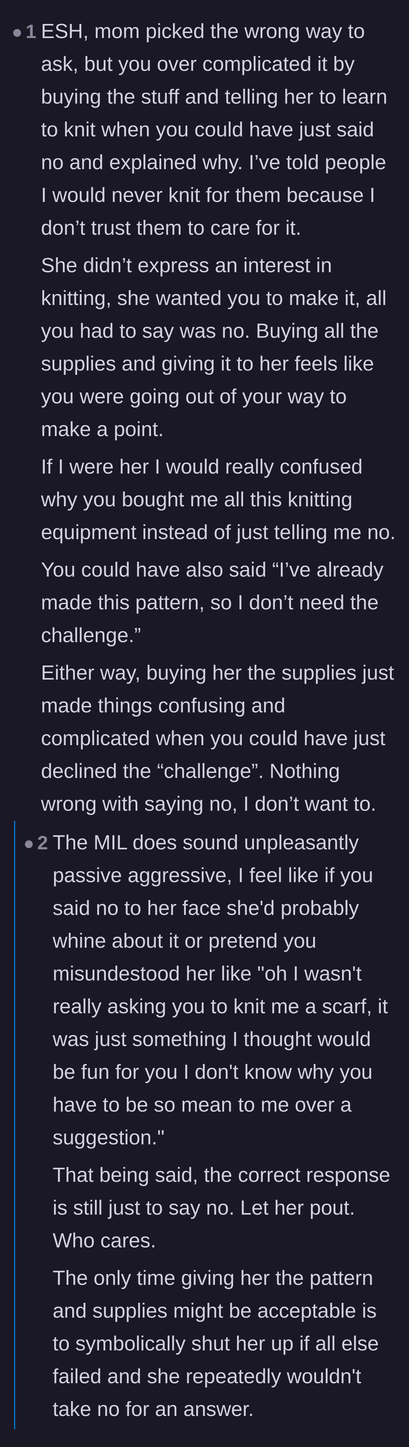 Comment thread 3 - Analyzing how buying the knitting kit overcomplicated a simple refusal.