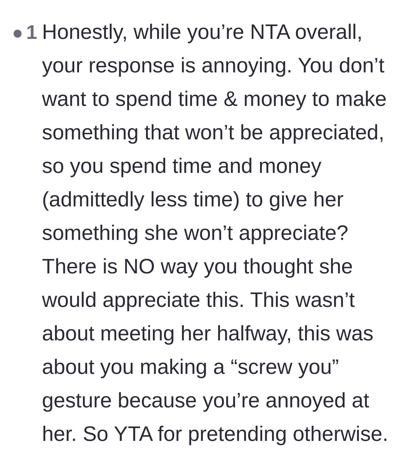 Comment thread 5 - Pointing out the hypocrisy of spending money on materials just to make a spiteful point.
