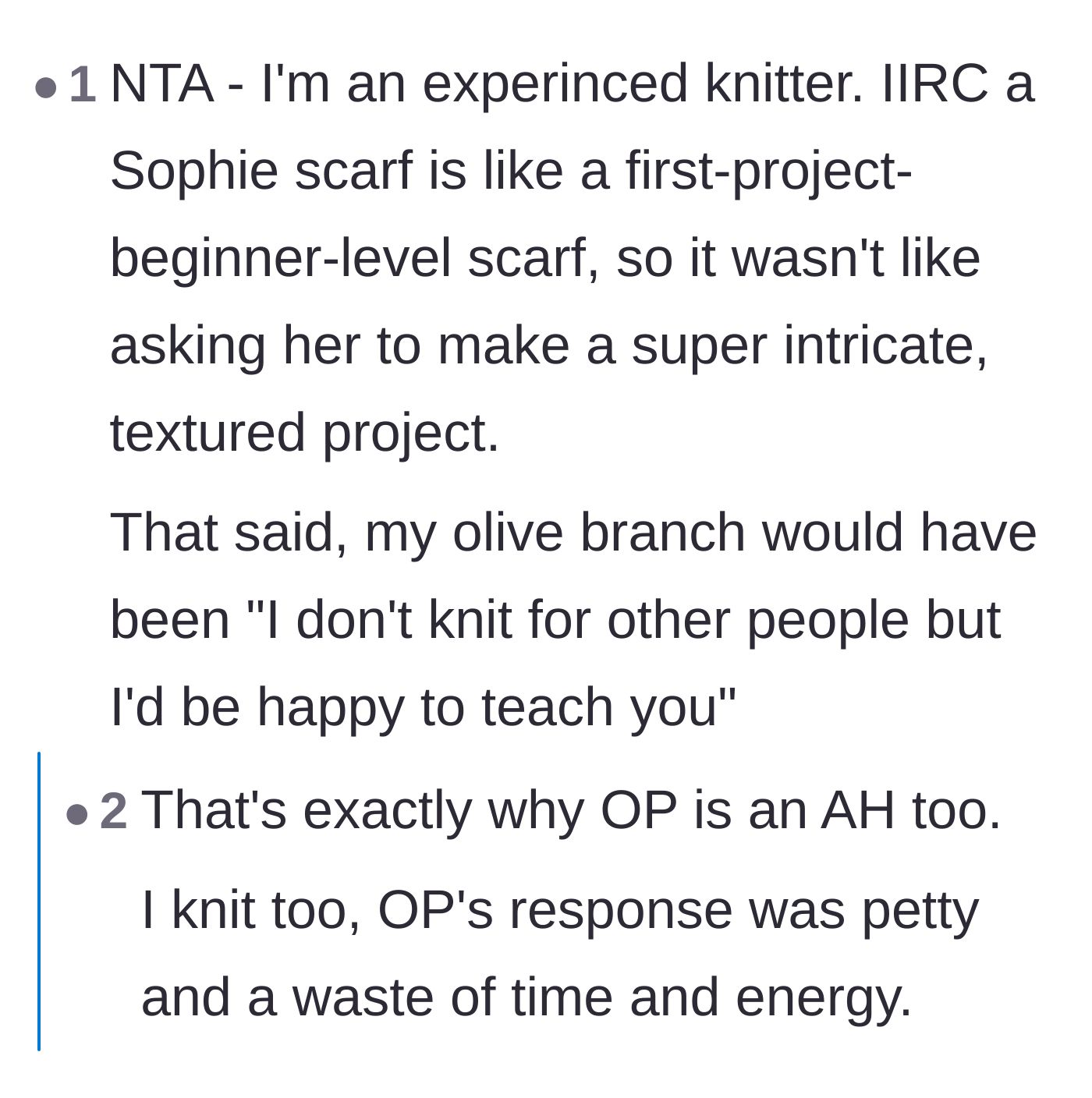 Comment thread 6 - Fellow knitters weighing in on the simplicity of the scarf and the missed opportunity for a genuine lesson.