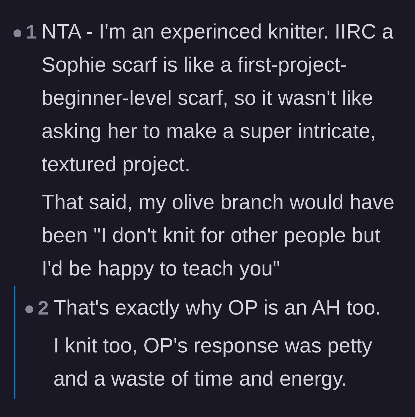 Comment thread 6 - Fellow knitters weighing in on the simplicity of the scarf and the missed opportunity for a genuine lesson.