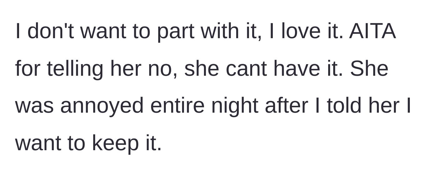 Story part 4 - The main character stands her ground, refusing to give up the suit she loves, while her sister spends the rest of the night sulking.