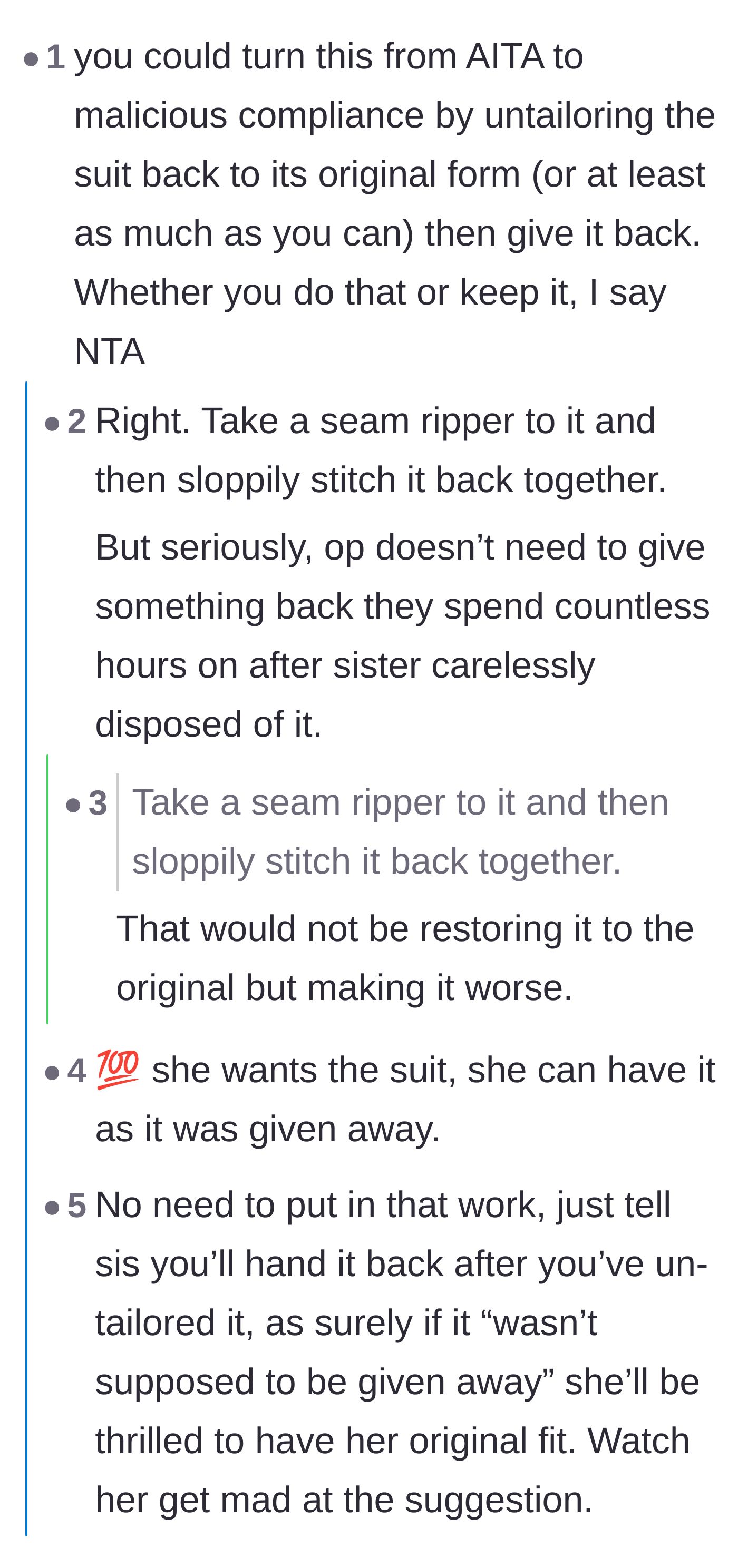 Comment thread 1 - Readers playfully suggest undoing all the tailoring work before handing the suit back.