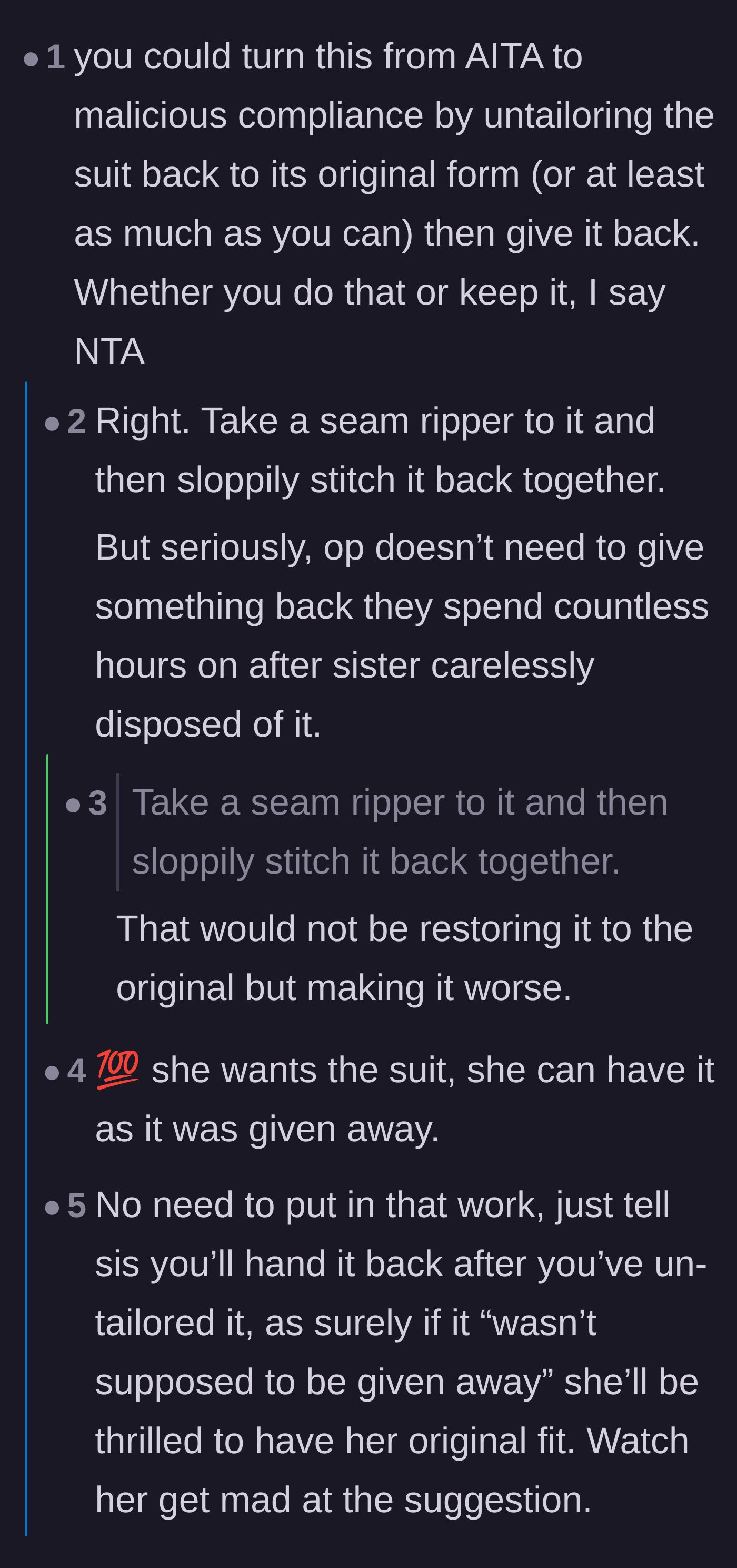 Comment thread 1 - Readers playfully suggest undoing all the tailoring work before handing the suit back.