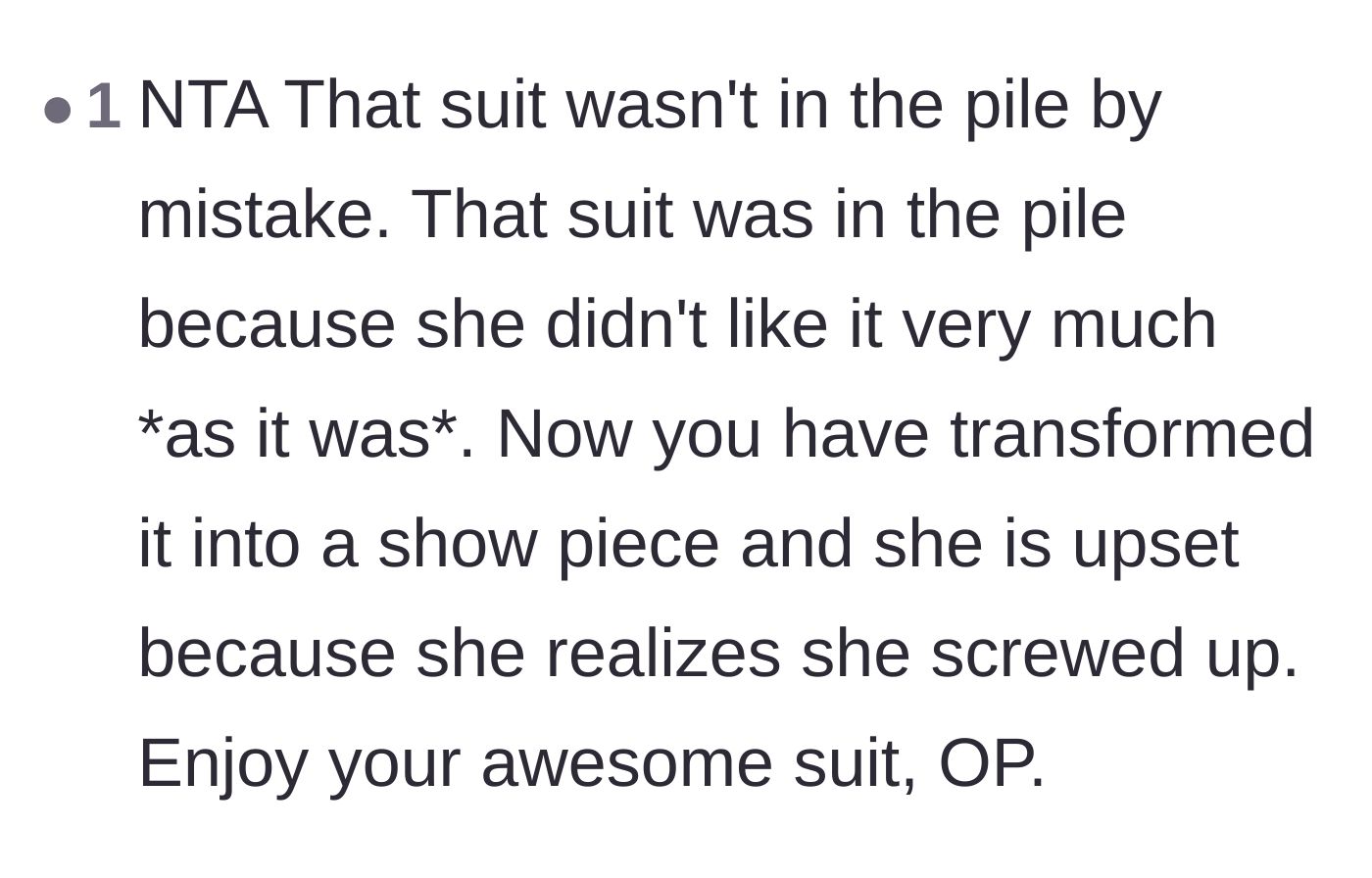 Comment thread 4 - A commenter noting the sister only wants the suit now because it looks like a transformed showpiece.