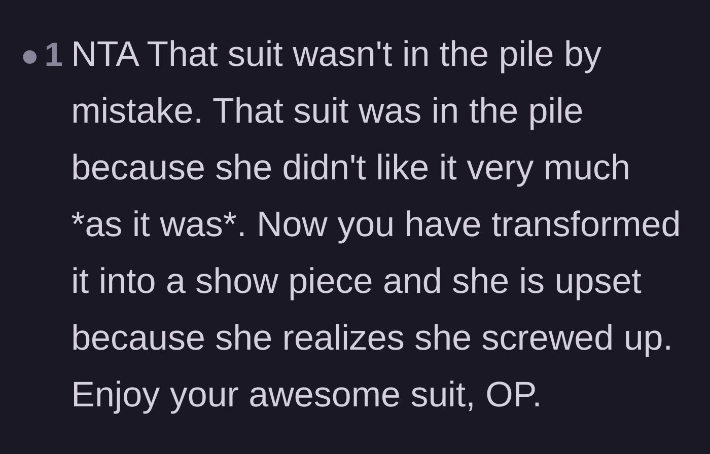 Comment thread 4 - A commenter noting the sister only wants the suit now because it looks like a transformed showpiece.