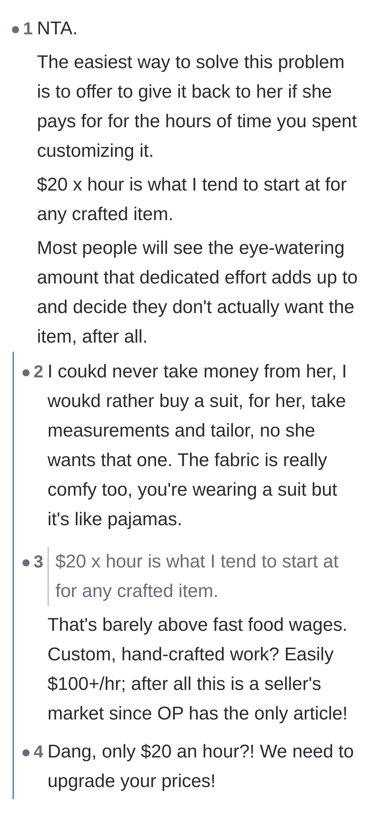 Comment thread 6 - A discussion about charging the sister an hourly rate for the custom tailoring and locking the closet.