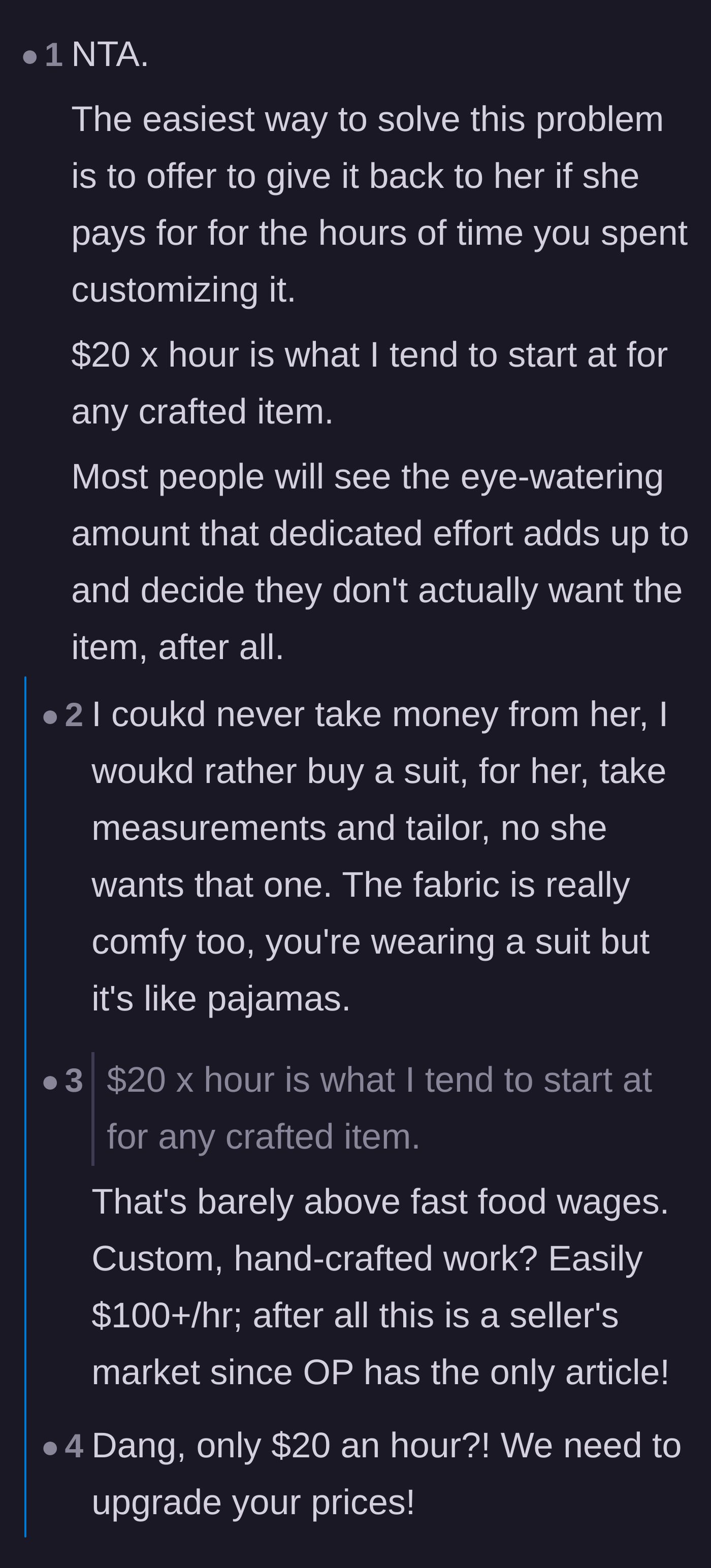 Comment thread 6 - A discussion about charging the sister an hourly rate for the custom tailoring and locking the closet.