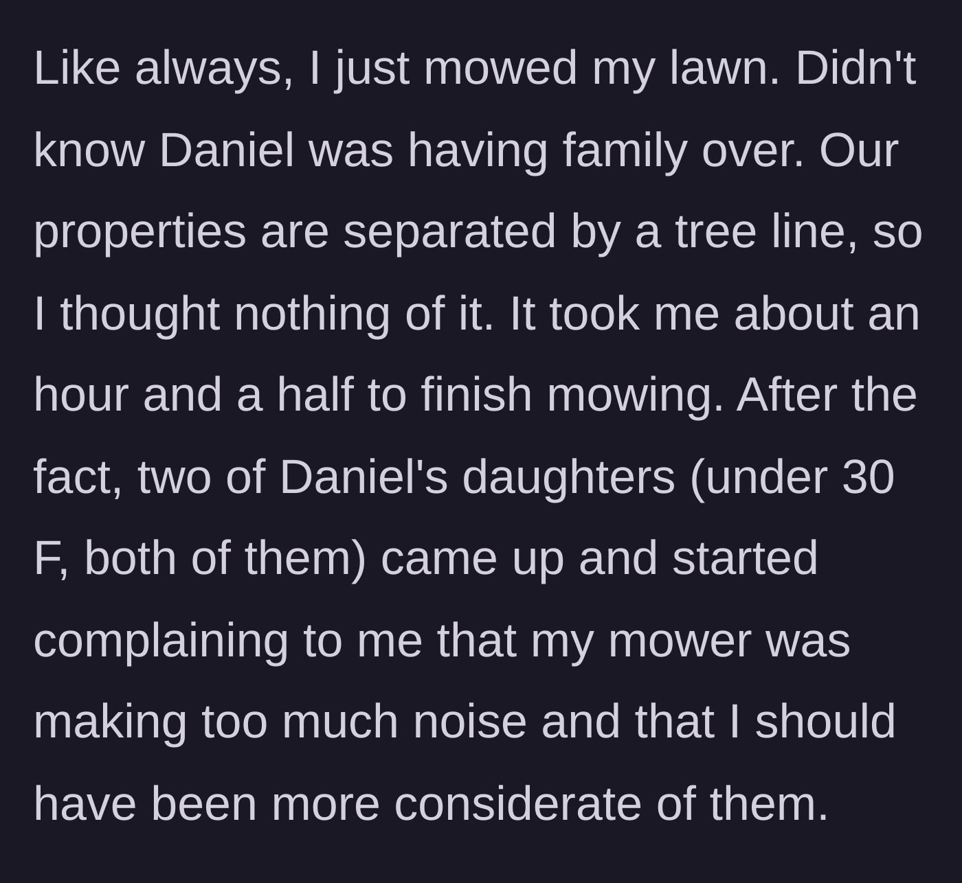 Story part 2 - The main character innocently finishing his chore behind a tree line, only to be ambushed by two angry young women.
