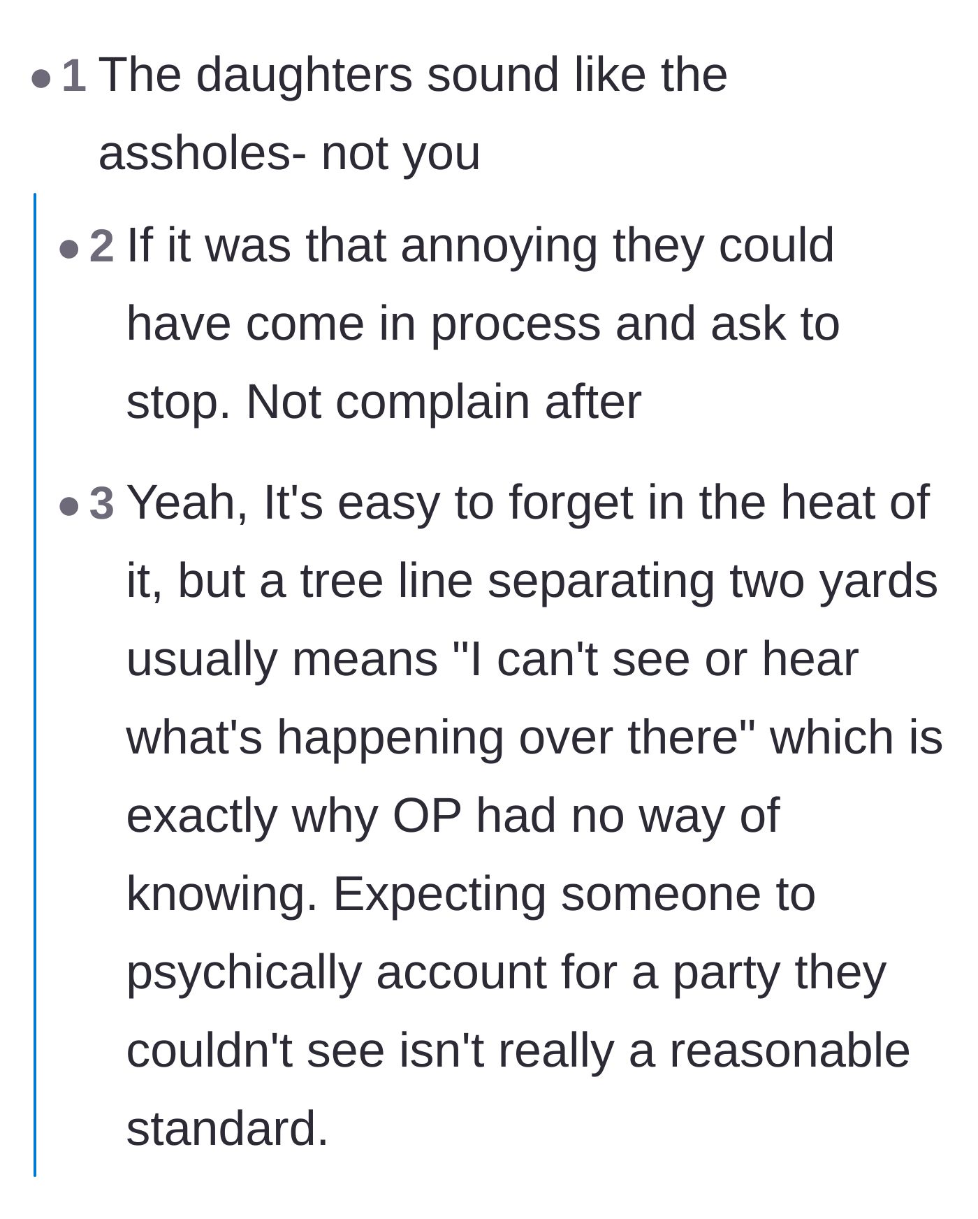 Comment thread 2 - Commenters pointing out that a tree line prevents the neighbor from magically knowing about the pool party.