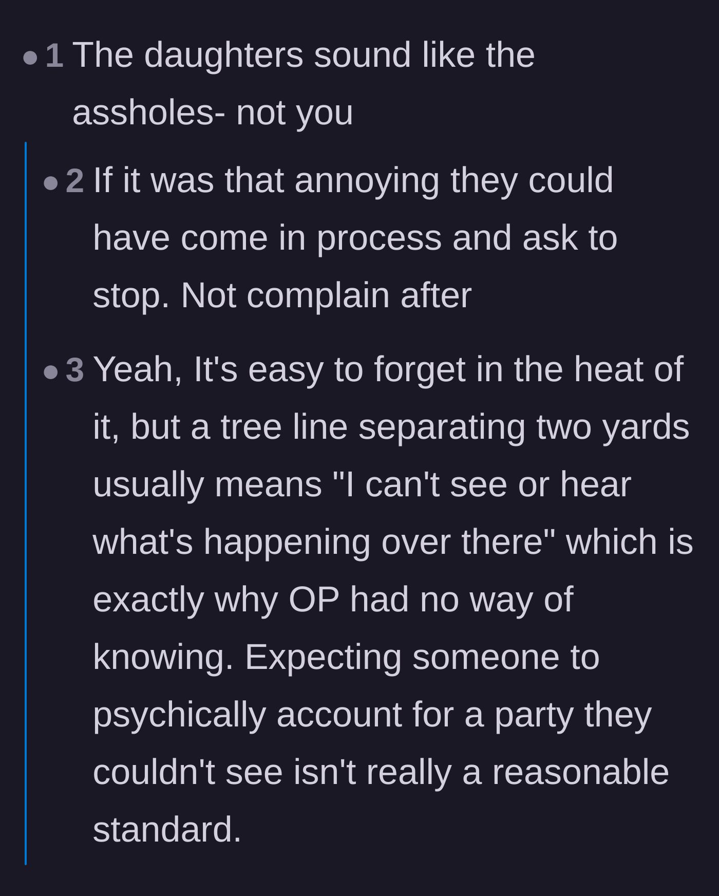 Comment thread 2 - Commenters pointing out that a tree line prevents the neighbor from magically knowing about the pool party.
