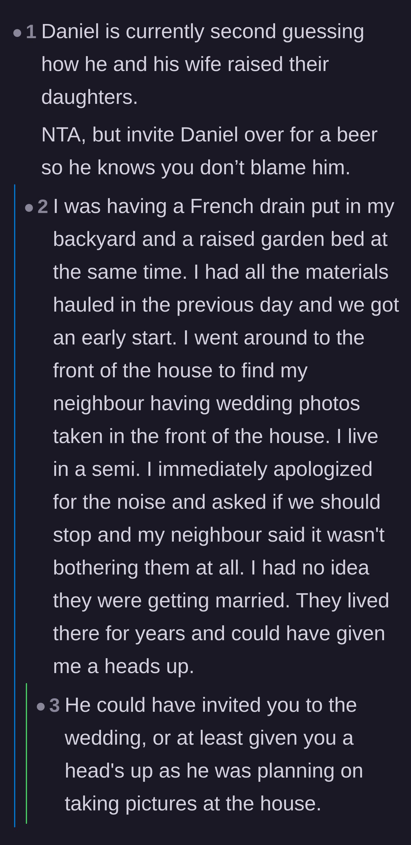 Comment thread 4 - Advice to buy the embarrassed father a beer, alongside a story about unannounced wedding photos.
