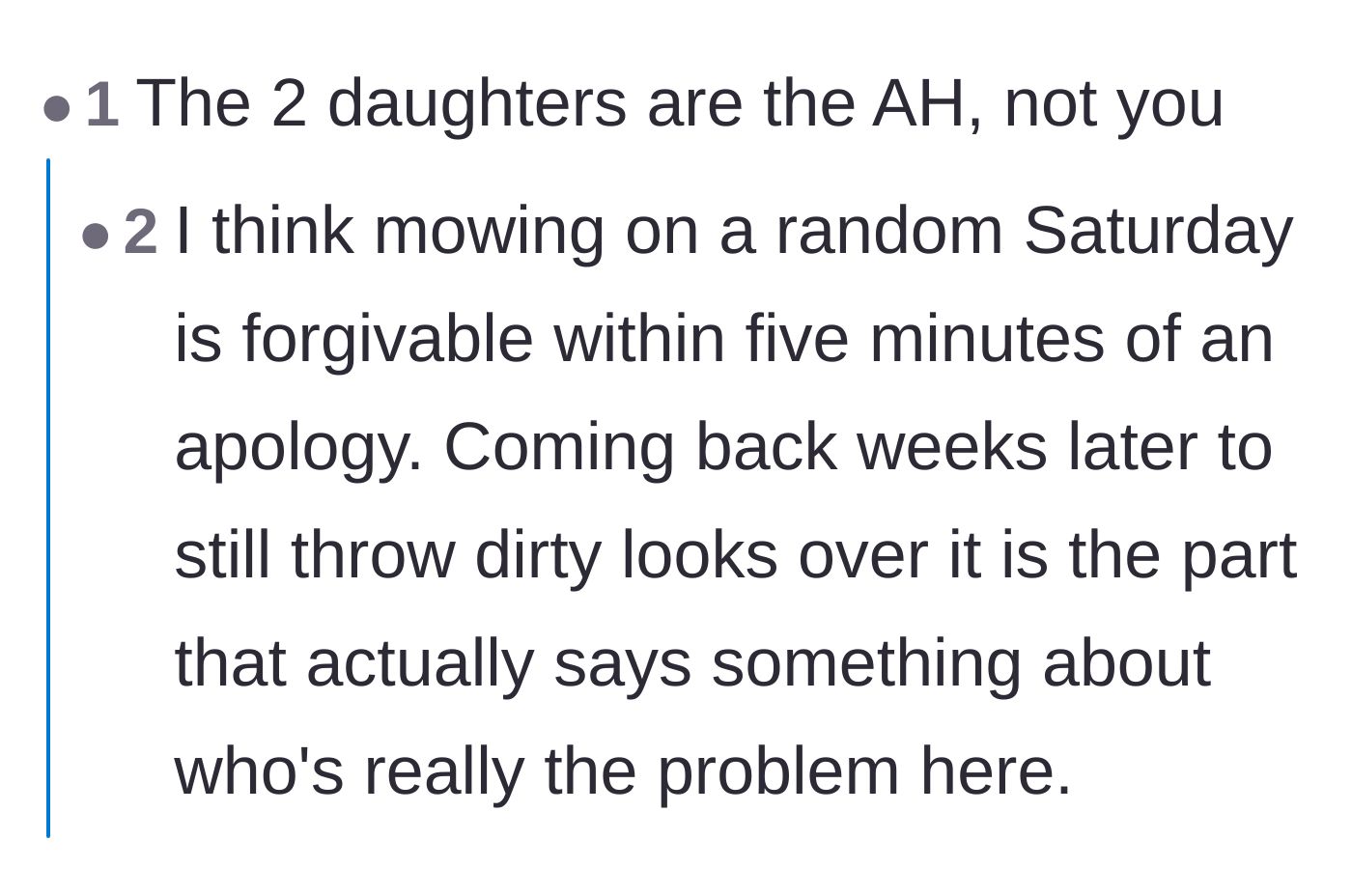Comment thread 5 - A reaction to the sheer pettiness of the daughters still giving dirty looks weeks later.