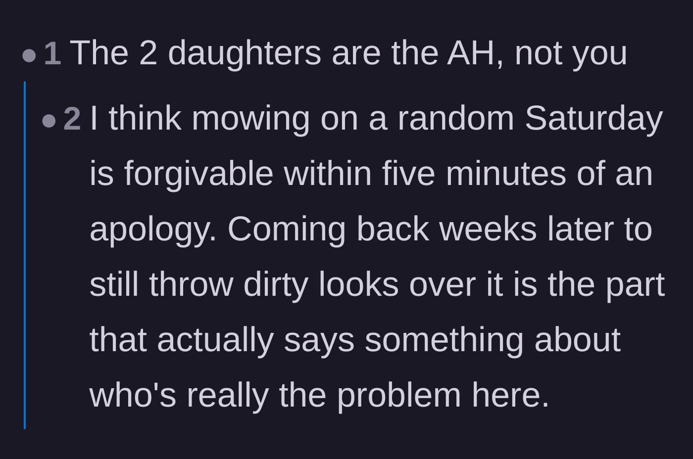 Comment thread 5 - A reaction to the sheer pettiness of the daughters still giving dirty looks weeks later.
