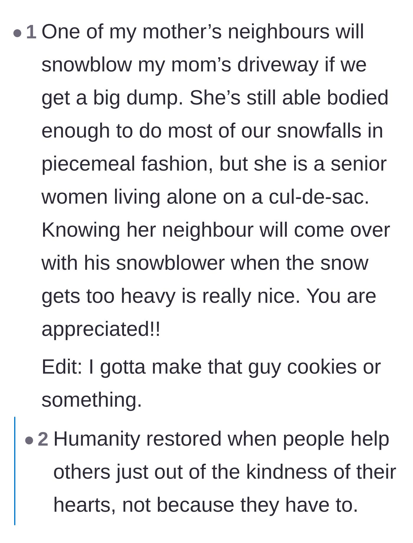 Comment thread 1 - Readers sharing wholesome stories of neighbors volunteering their snowblowers for the elderly and baking cookies in return