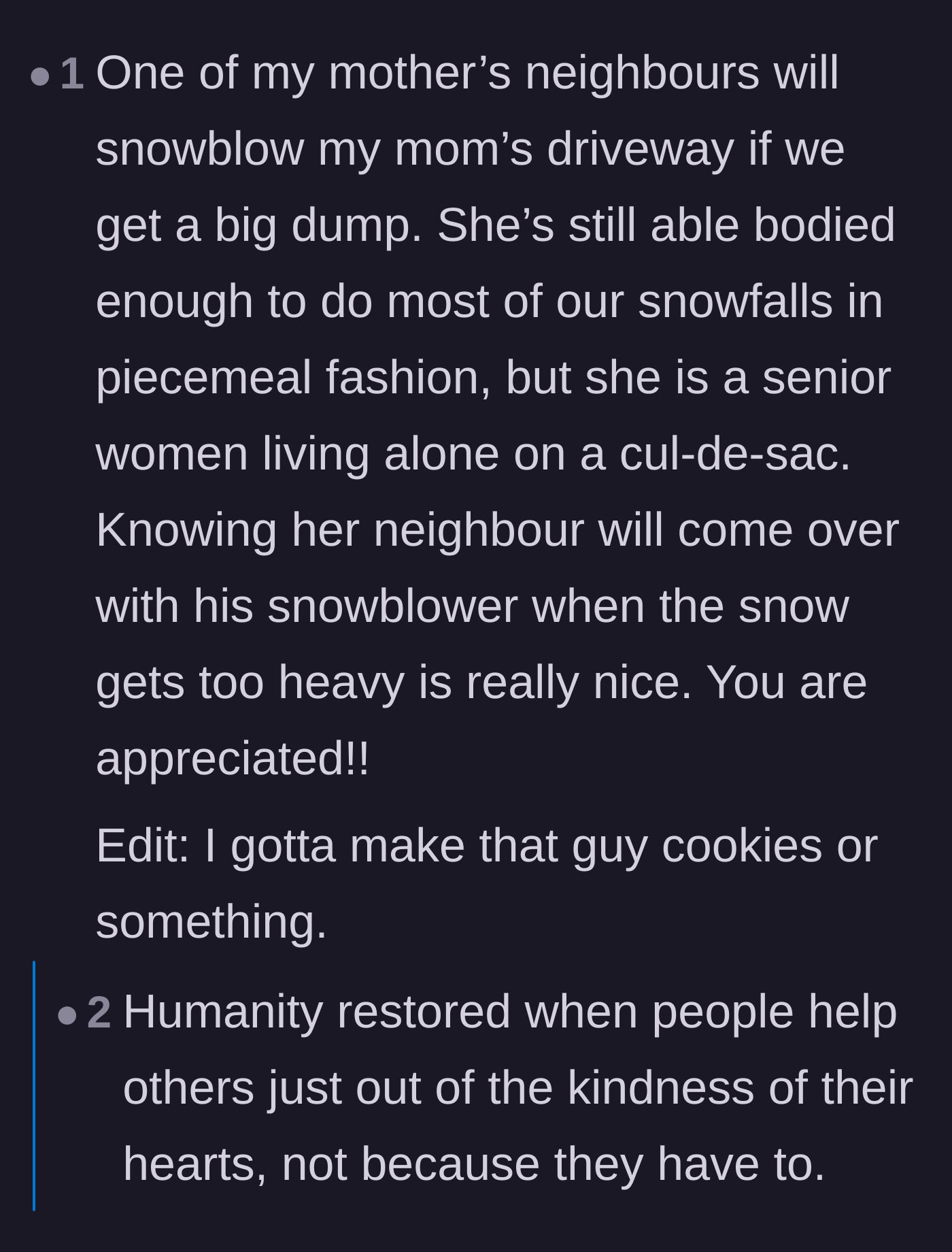 Comment thread 1 - Readers sharing wholesome stories of neighbors volunteering their snowblowers for the elderly and baking cookies in return