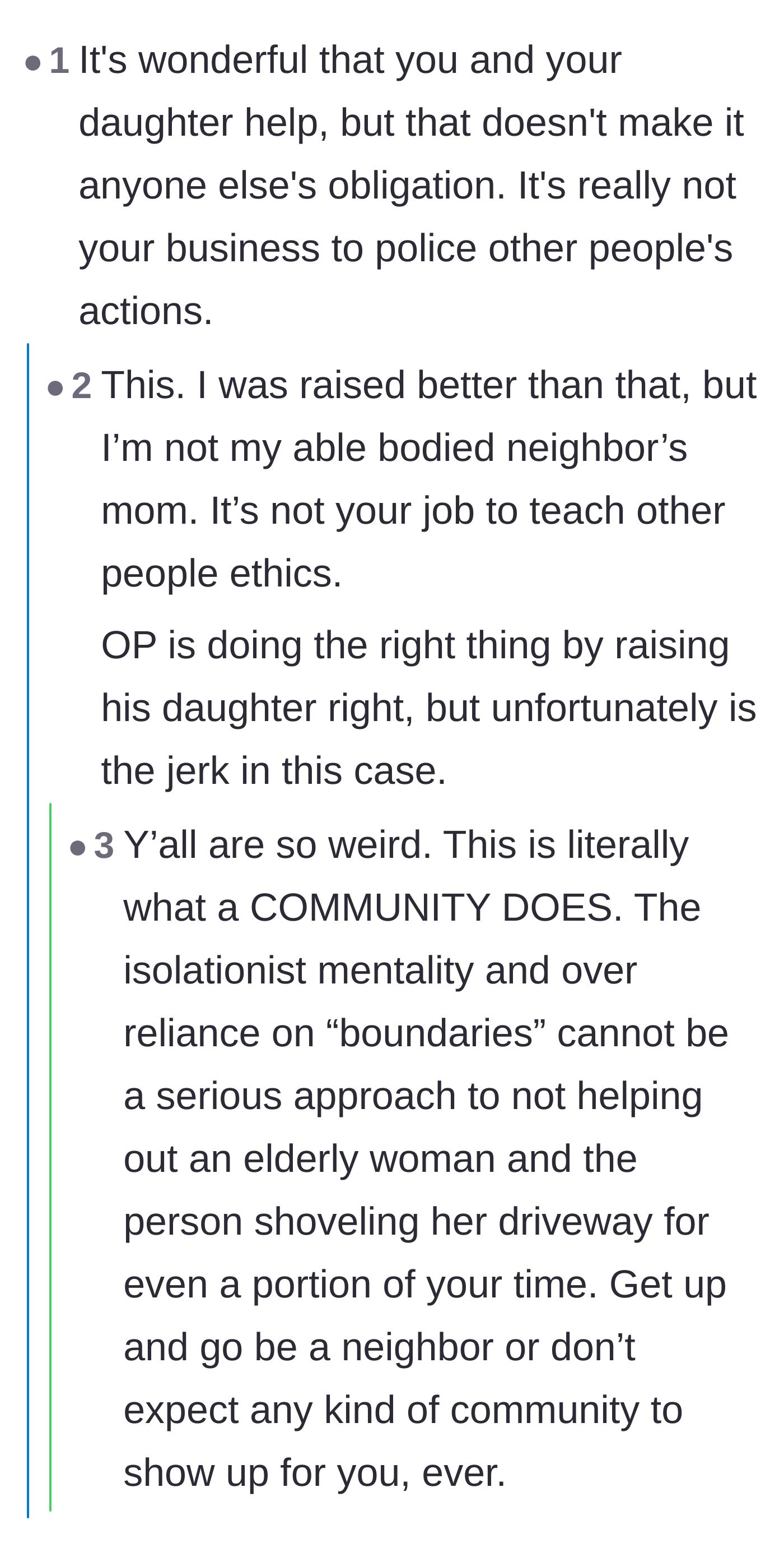 Comment thread 3 - A clash over whether living on the same street creates a community obligation versus strict personal boundaries