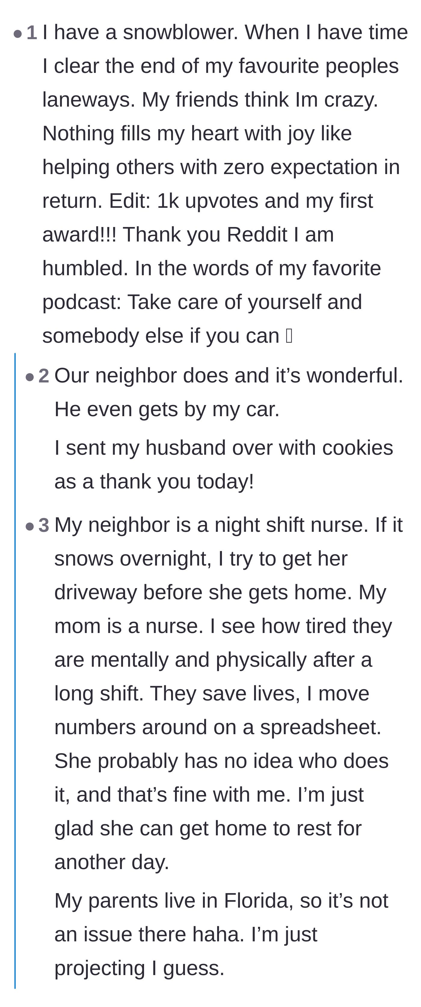 Comment thread 4 - First responders and night shift workers expressing gratitude for neighbors who clear their driveways without expecting praise