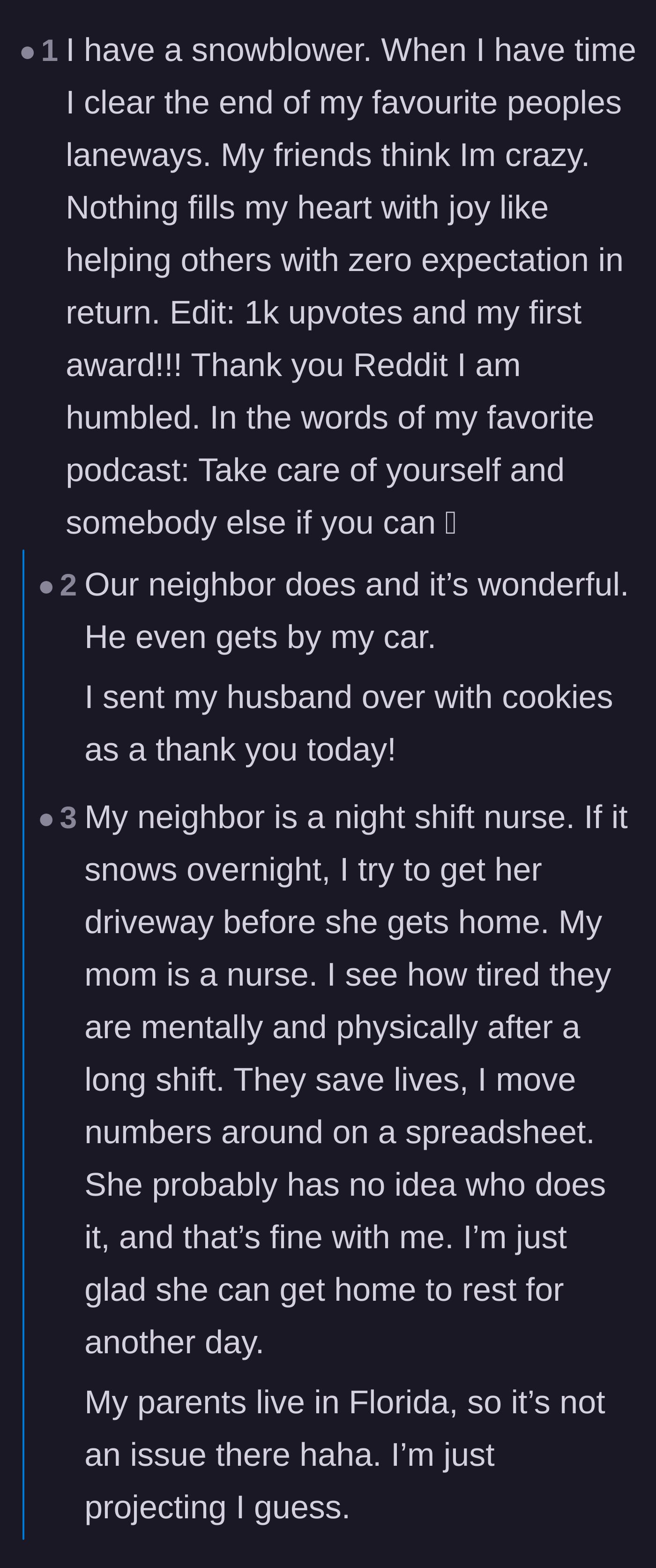 Comment thread 4 - First responders and night shift workers expressing gratitude for neighbors who clear their driveways without expecting praise