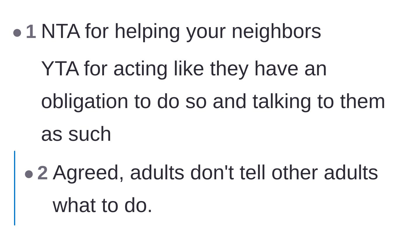 Comment thread 5 - A short verdict stating the main character is wrong for treating neighborly help as a mandatory obligation
