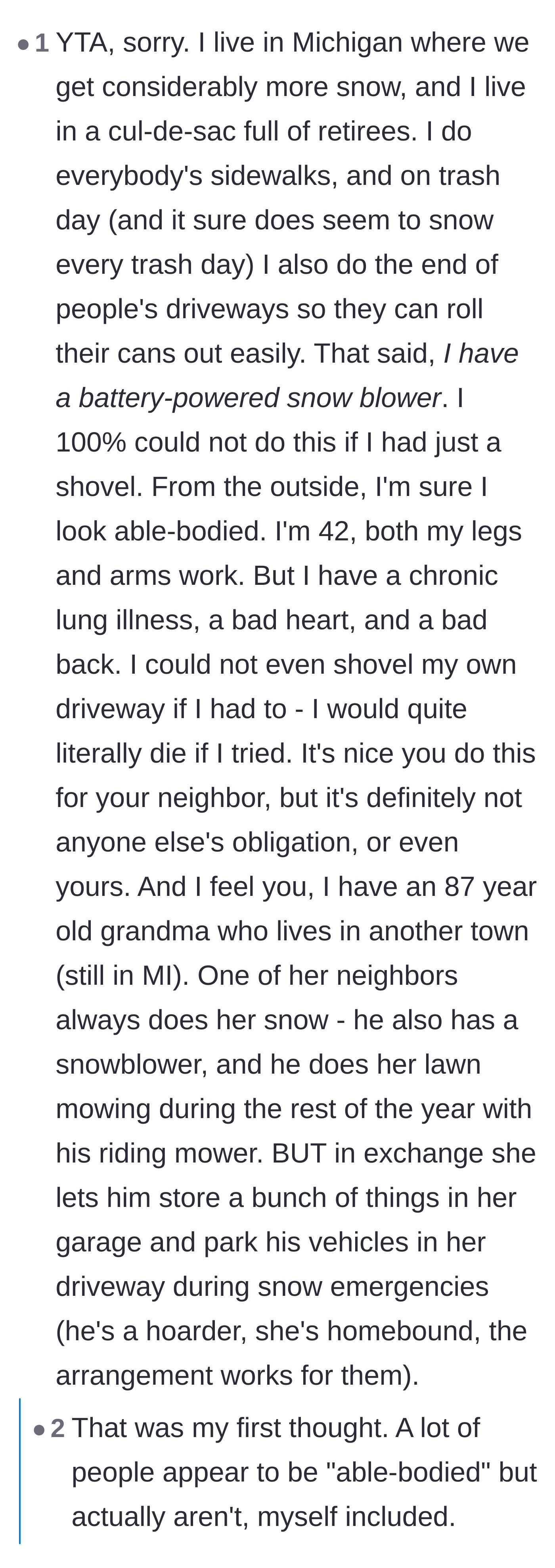 Comment thread 6 - Commenters pointing out invisible disabilities and the reality that some elderly neighbors might have alienated everyone years ago
