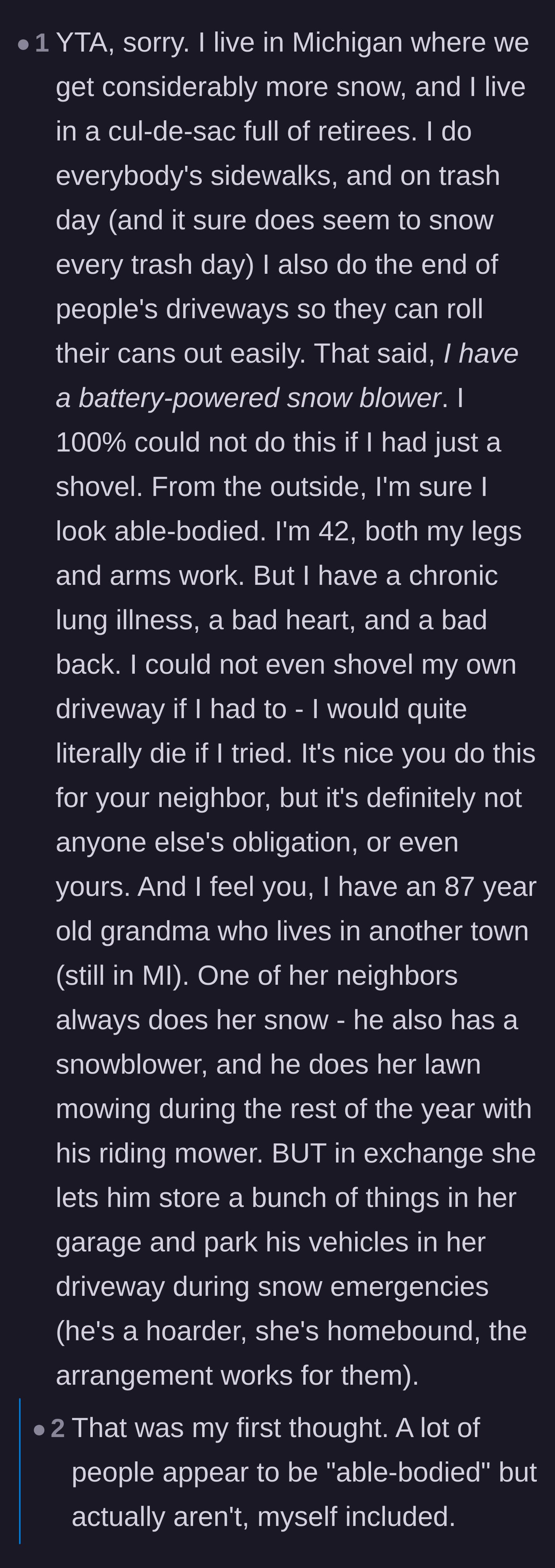 Comment thread 6 - Commenters pointing out invisible disabilities and the reality that some elderly neighbors might have alienated everyone years ago