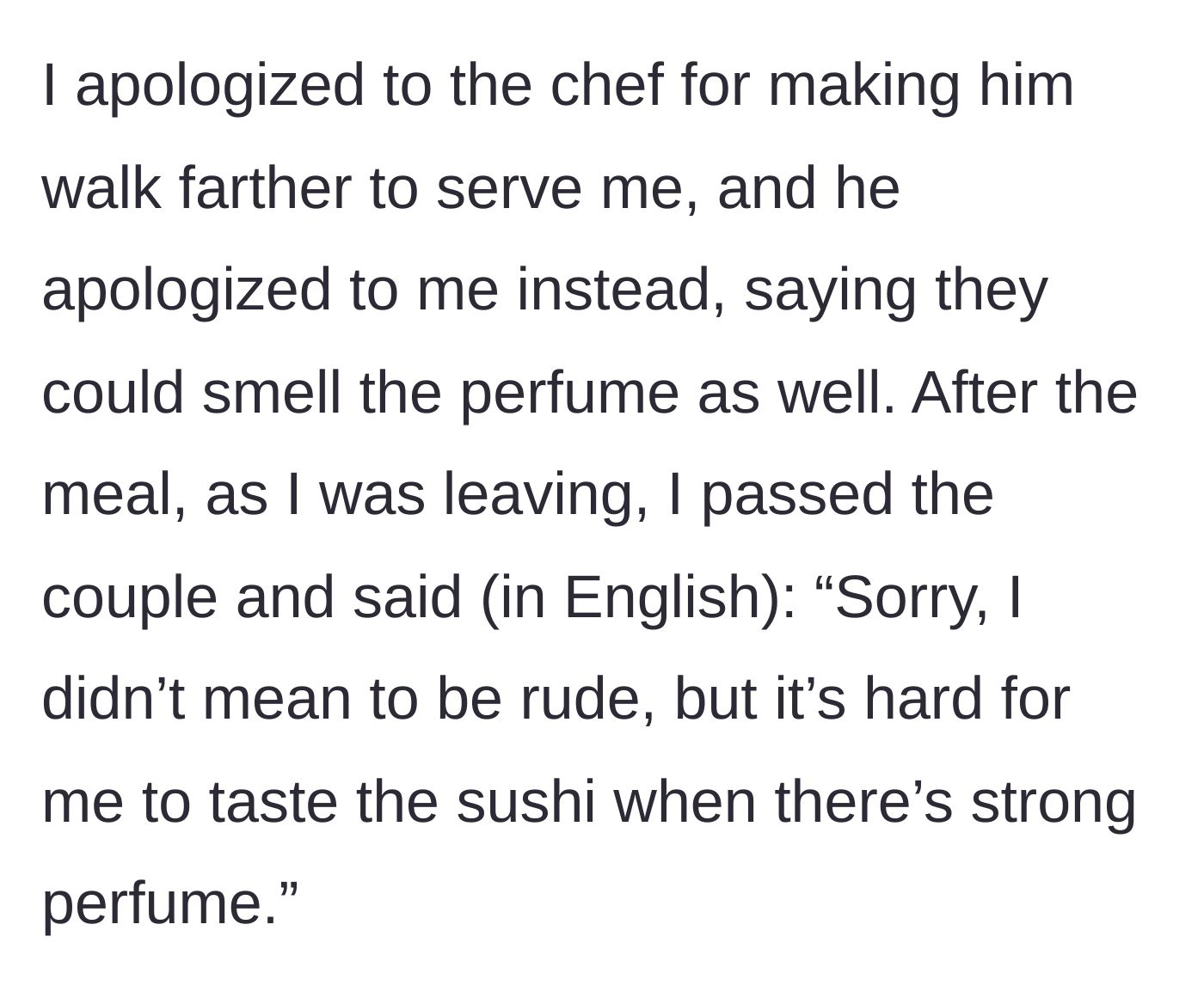 Story part 3 - The patron apologizes to the sushi chef, then politely confronts the couple in English about their perfume before leaving.