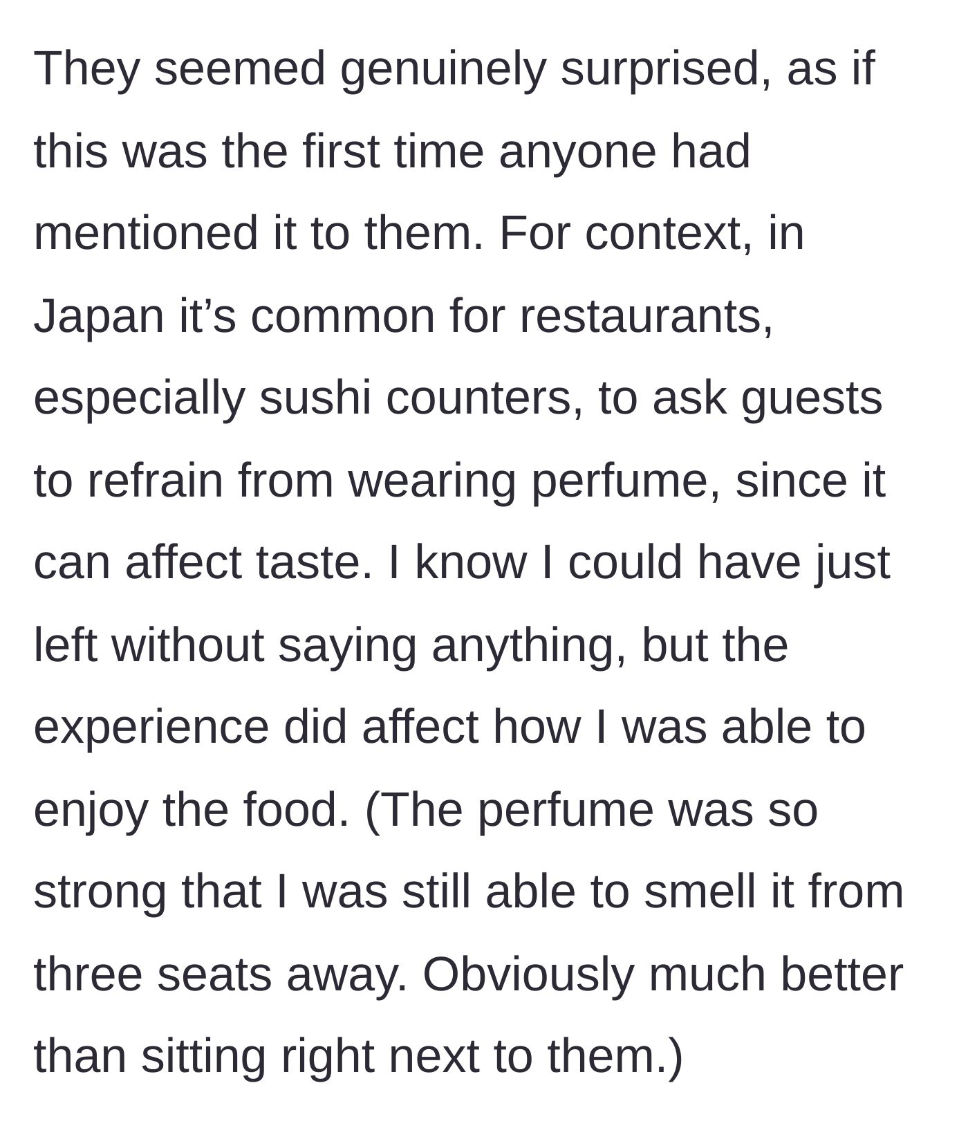 Story part 4 - The couple looks shocked as the patron reflects on how strong perfume ruins the taste of sushi.