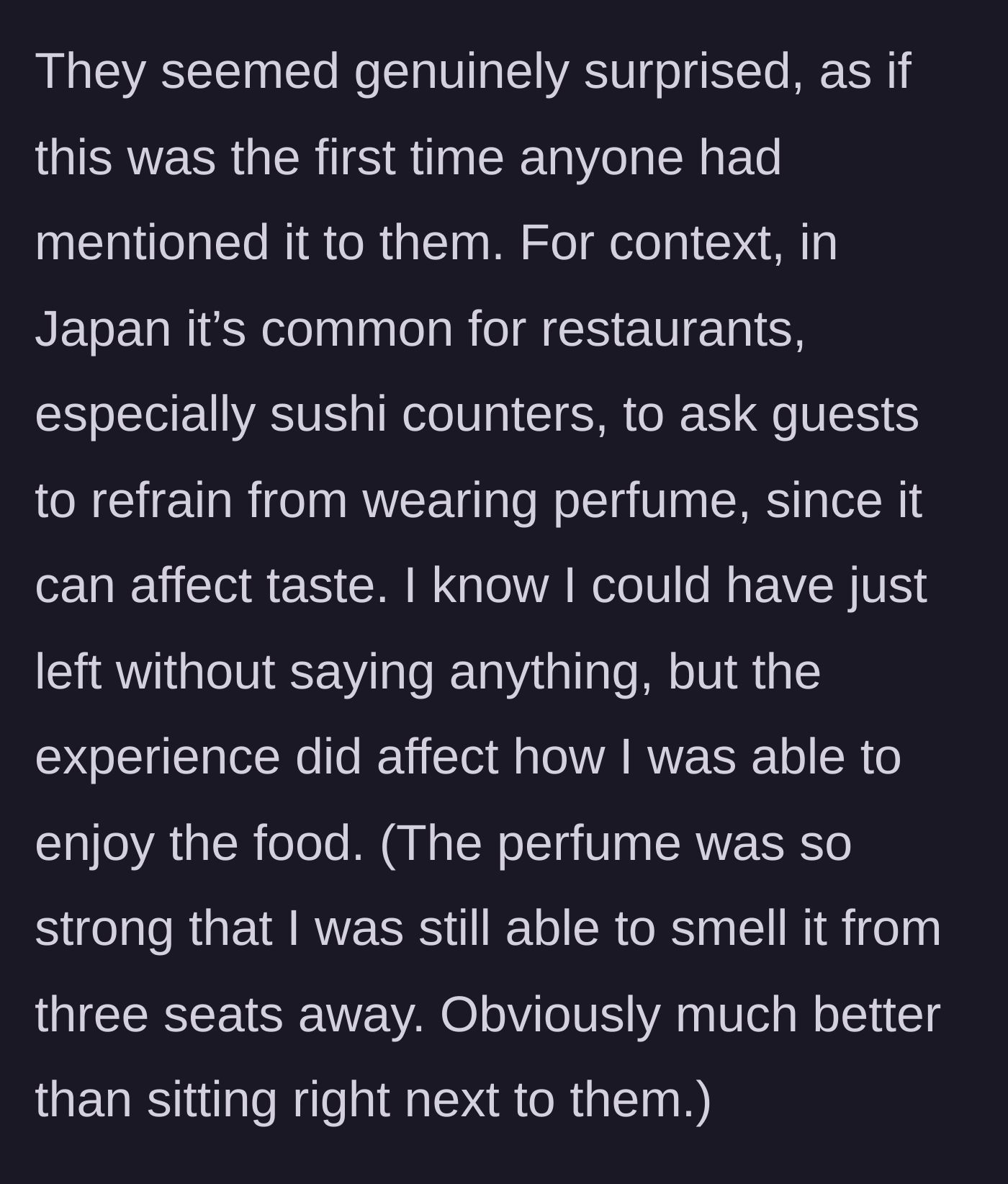 Story part 4 - The couple looks shocked as the patron reflects on how strong perfume ruins the taste of sushi.