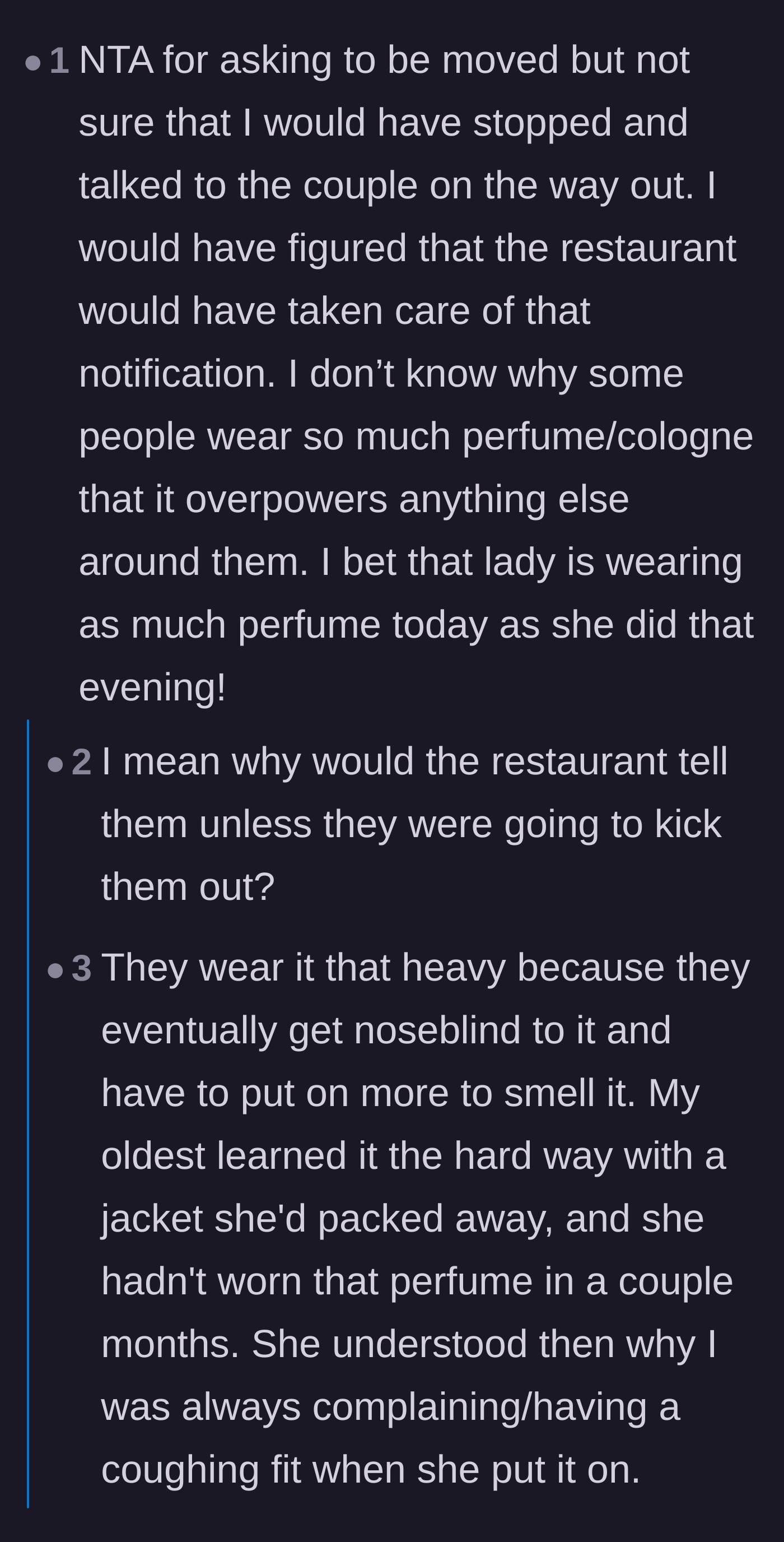 Comment thread 1 - Discussion about noseblindness and whether scent rules apply outside of Japan