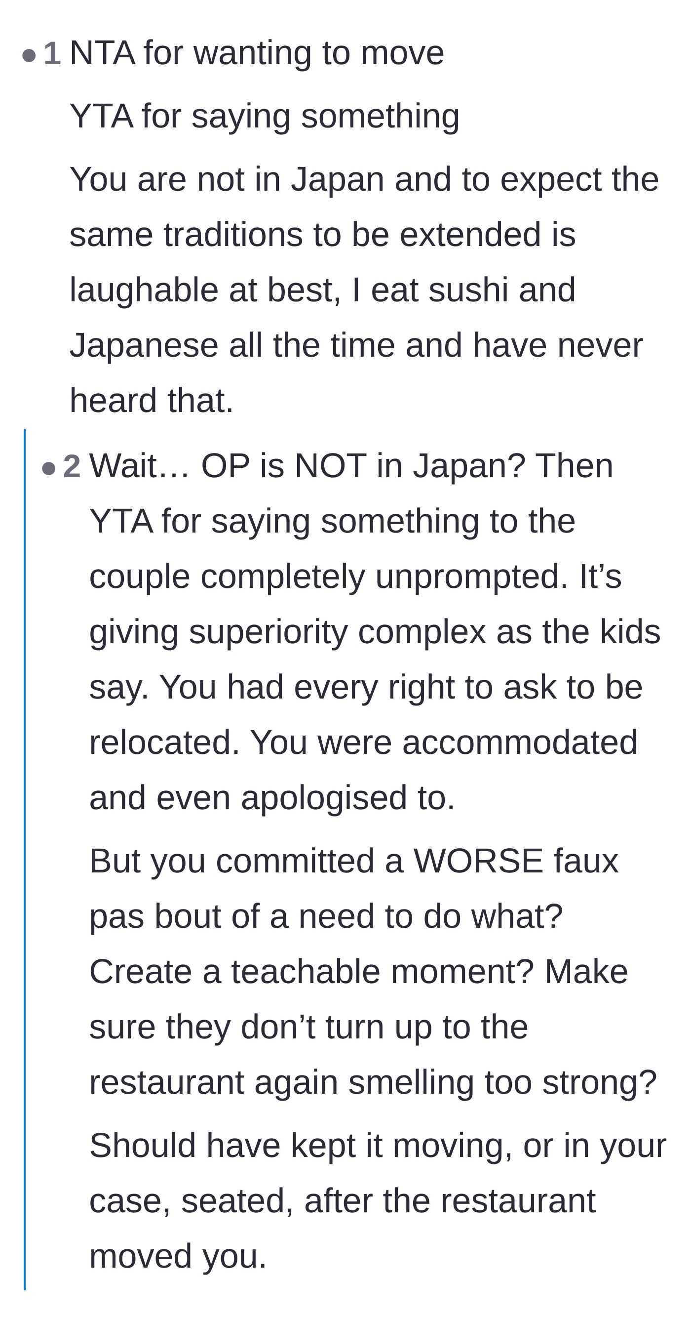 Comment thread 3 - Debate dissecting the difference between reasonably moving seats and rudely giving unsolicited lectures
