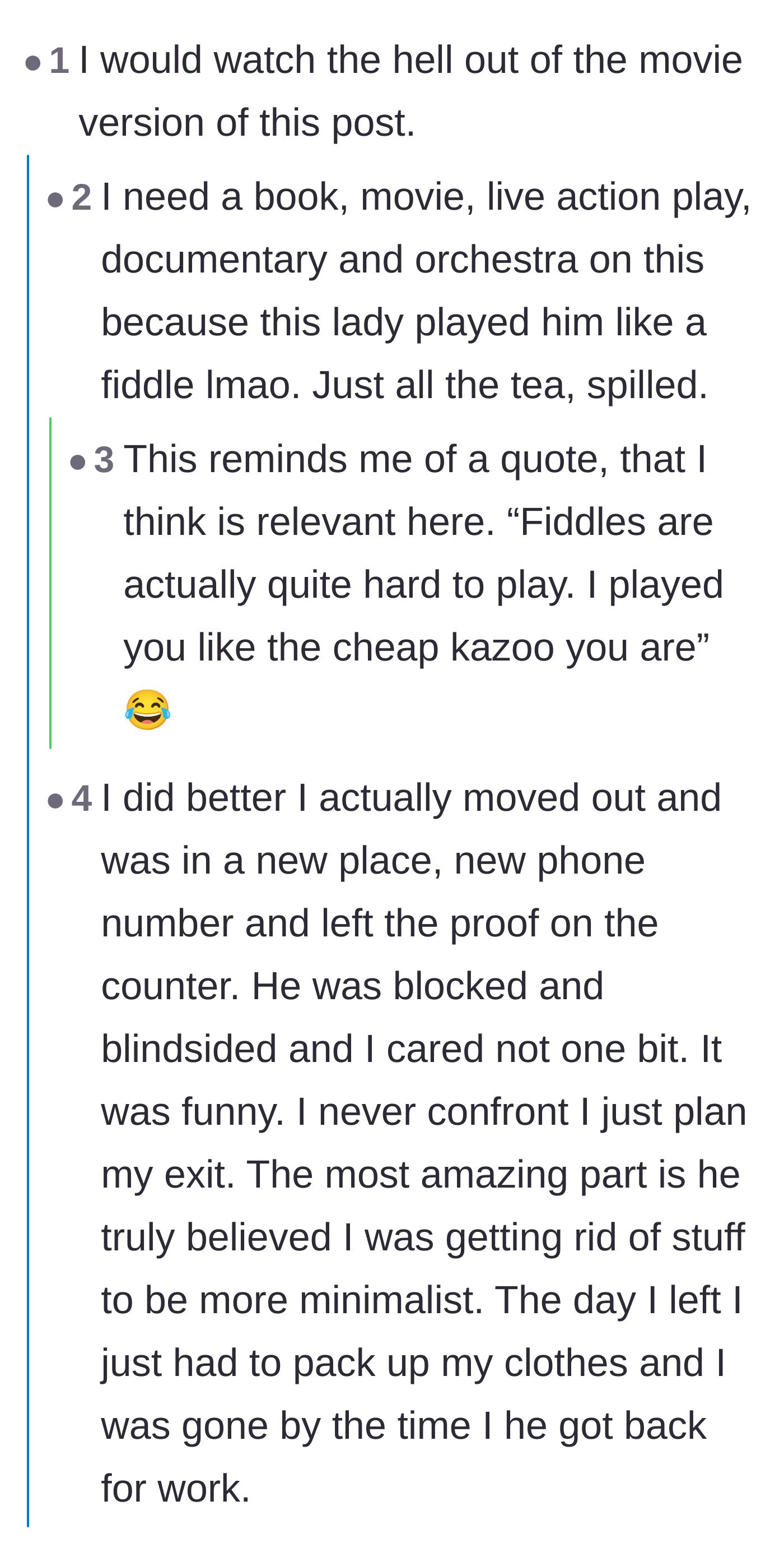 Comment thread 1 - Readers demand a movie adaptation and share their own stories of silently orchestrating dramatic breakups.