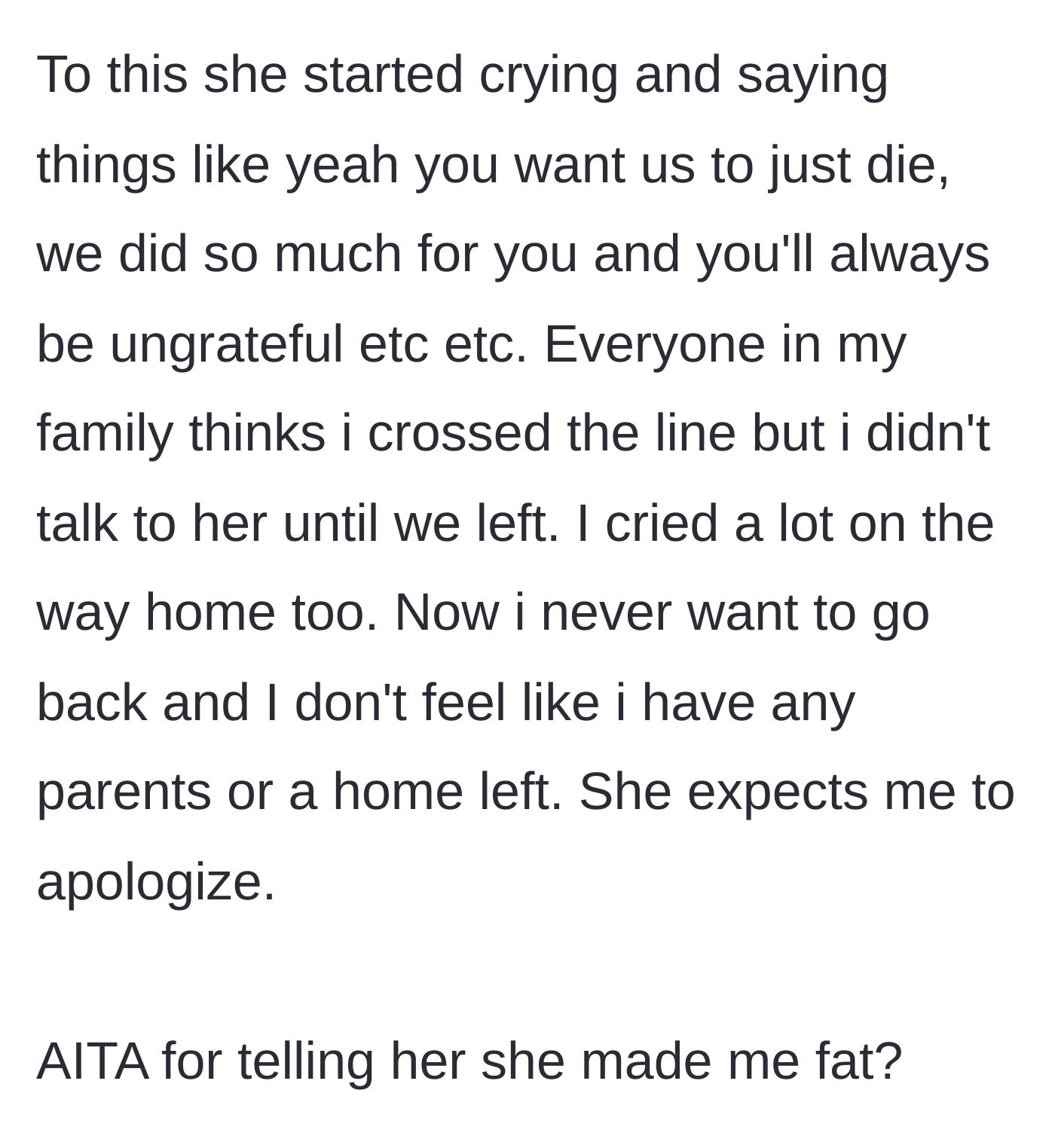 Story part 7 - The mother bursting into tears to play the victim, the family taking her side, and the main character feeling completely orphaned.