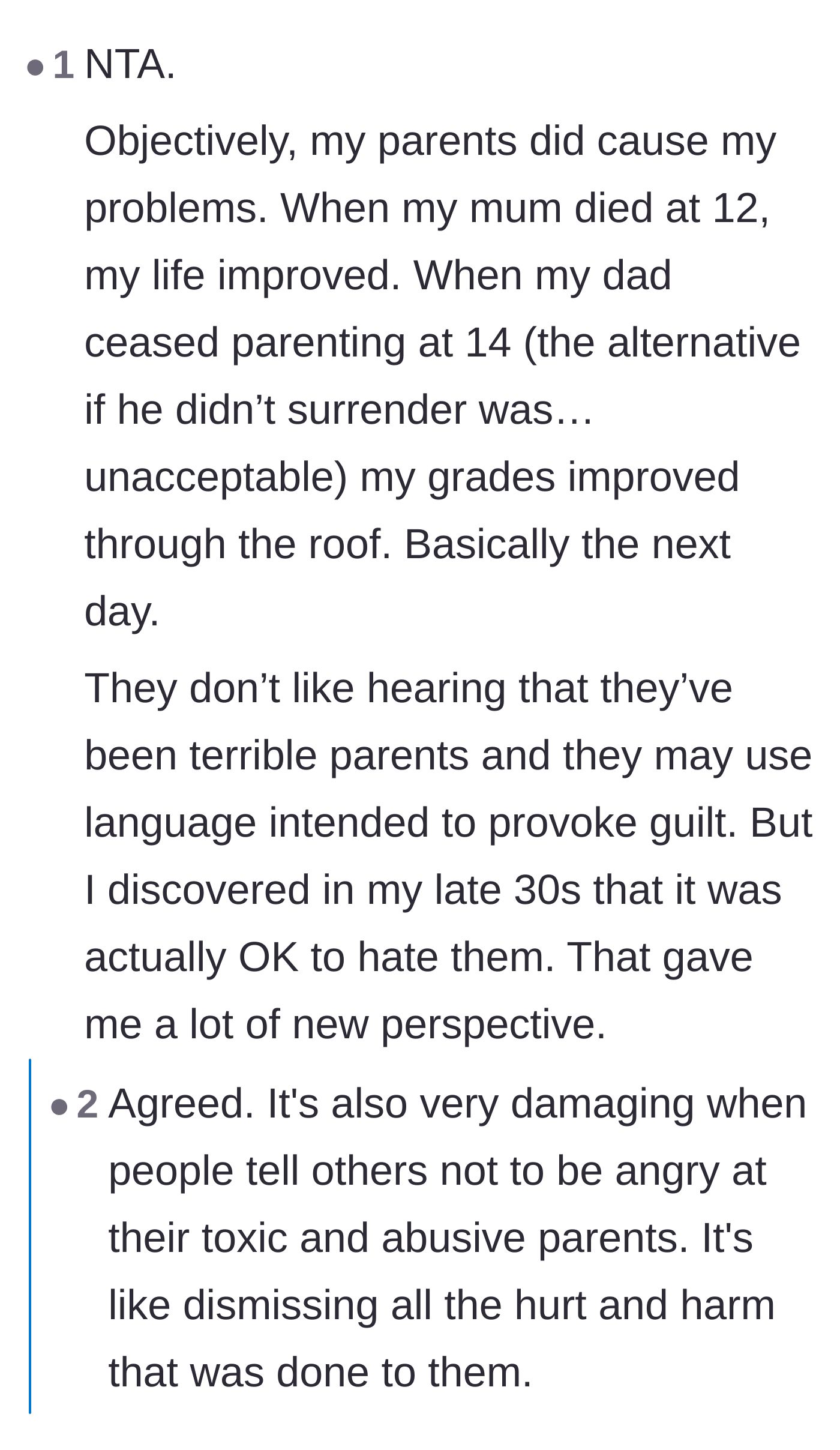 Comment thread 1 - Readers sharing devastating stories of childhood abuse and the realization that it is okay to not forgive toxic parents.