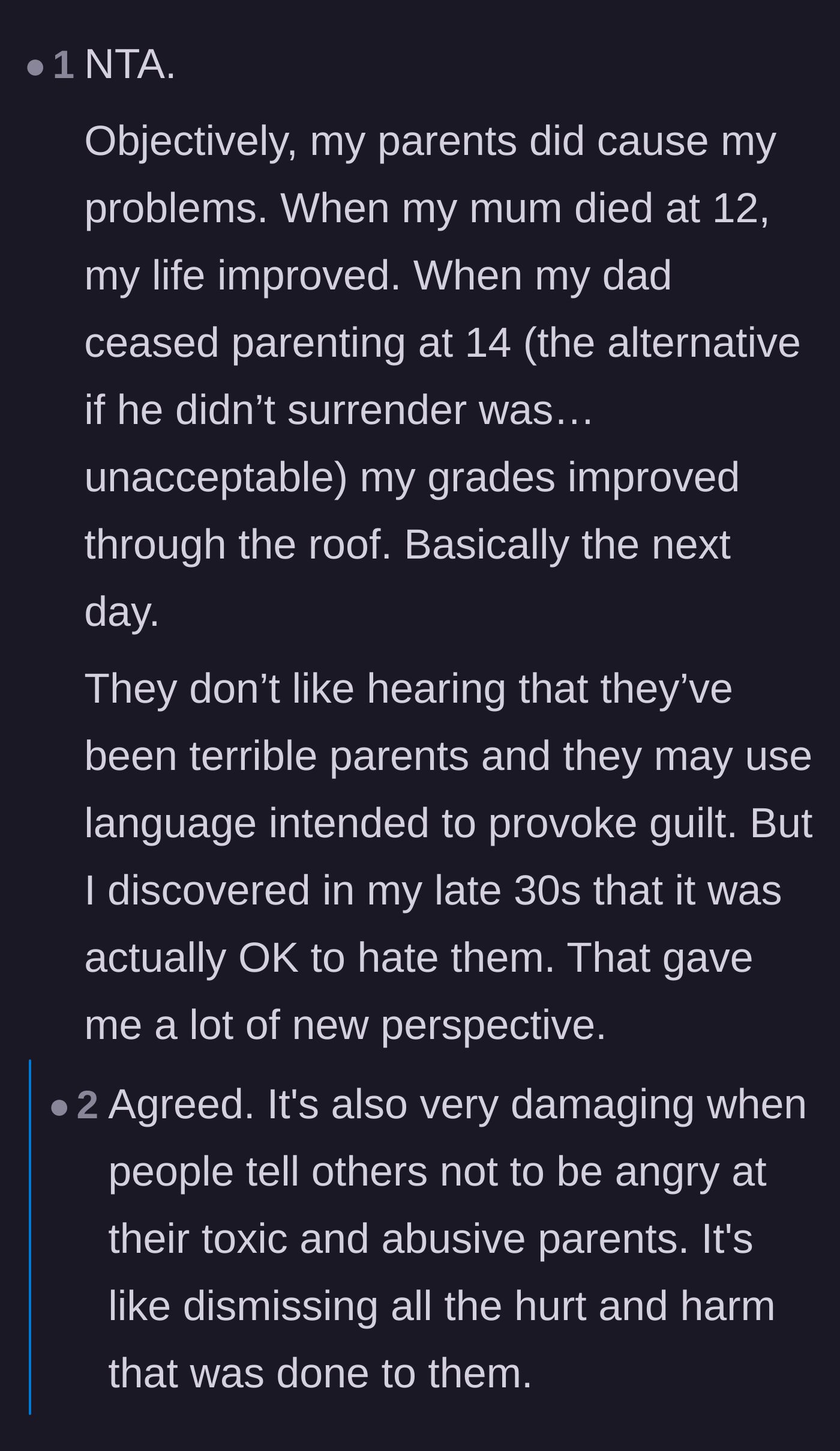 Comment thread 1 - Readers sharing devastating stories of childhood abuse and the realization that it is okay to not forgive toxic parents.