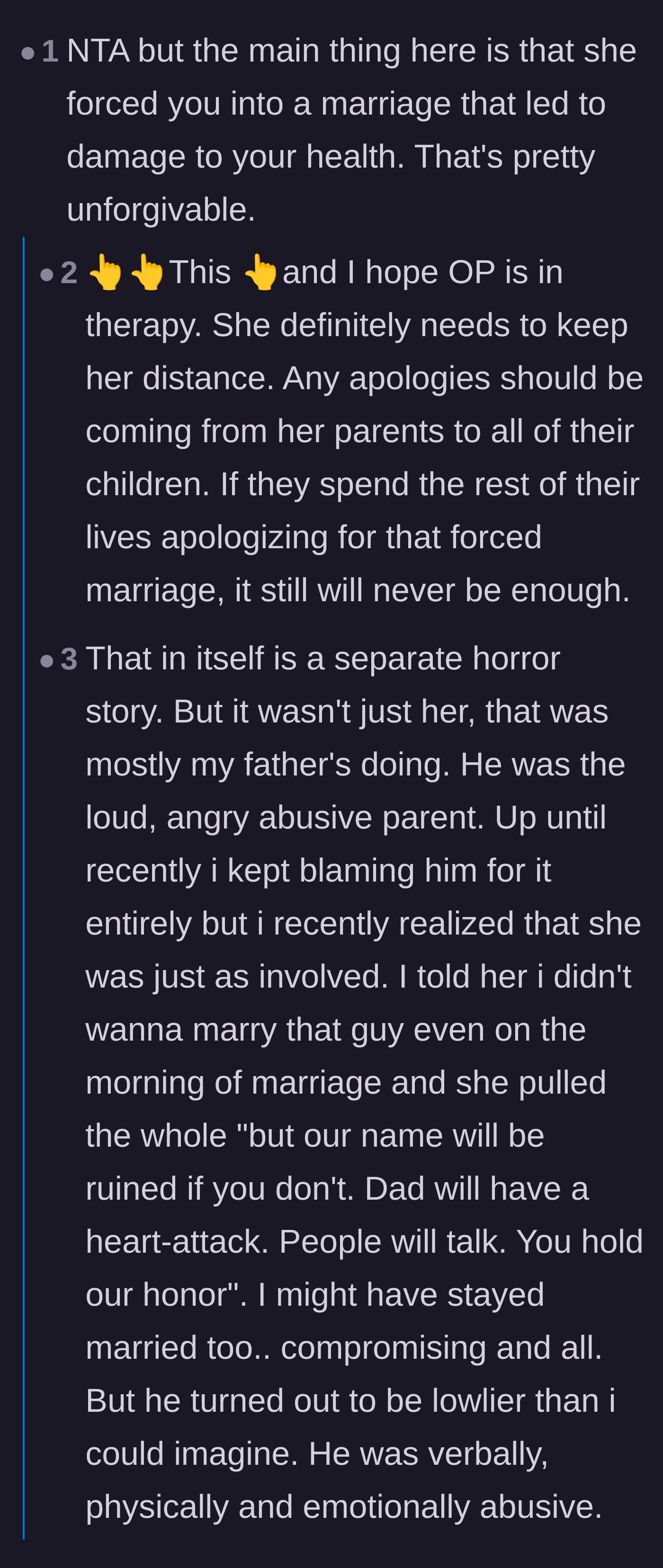 Comment thread 3 - Readers pointing out the horrific nature of the forced marriage and how the mother is just as complicit as the father.