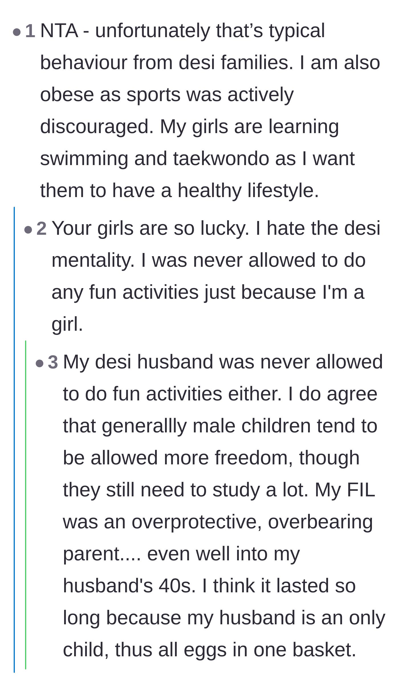 Comment thread 5 - A conversation about toxic cultural norms in some Desi families that strictly limit young girls' freedom and physical activity.