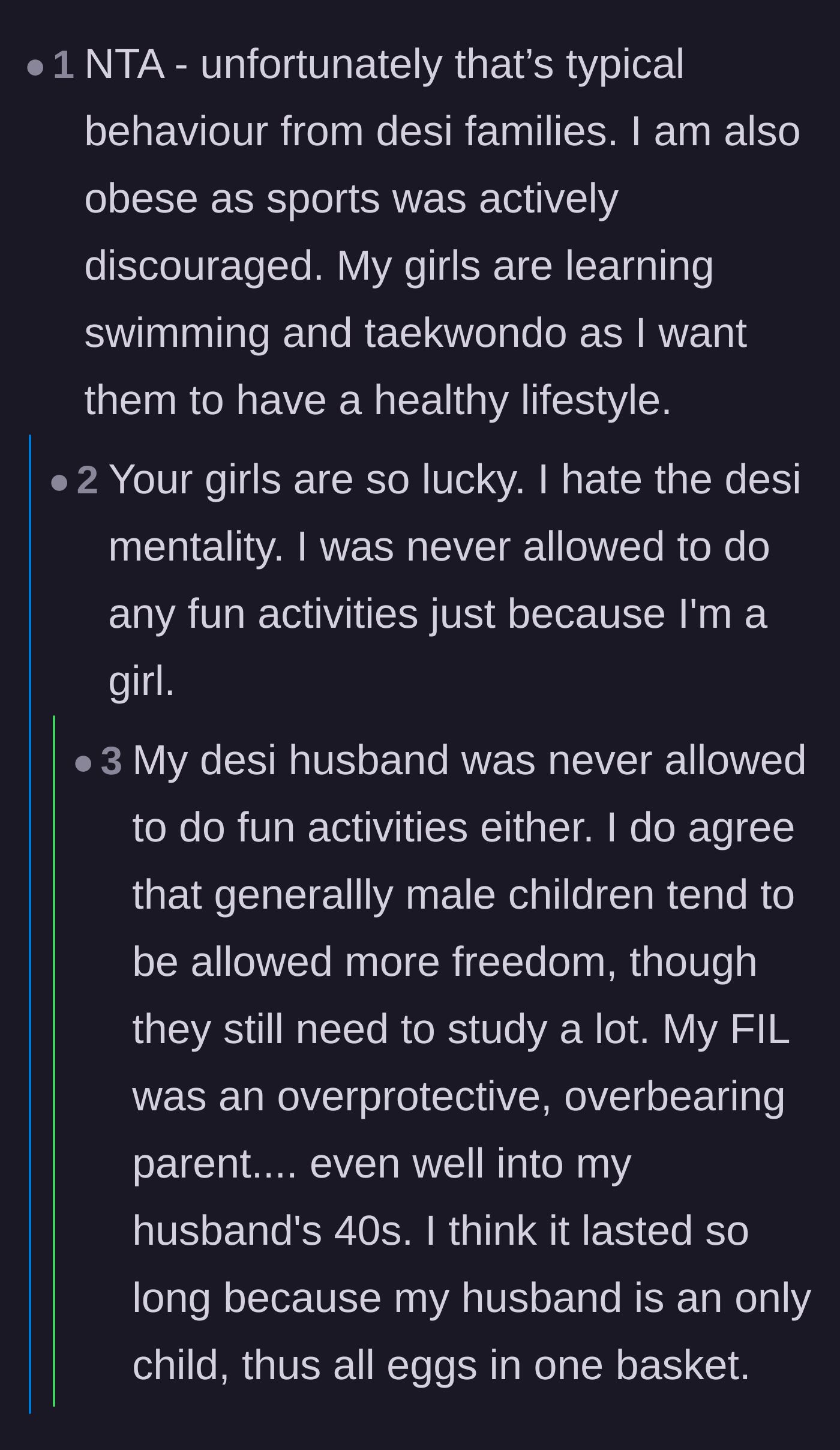 Comment thread 5 - A conversation about toxic cultural norms in some Desi families that strictly limit young girls' freedom and physical activity.