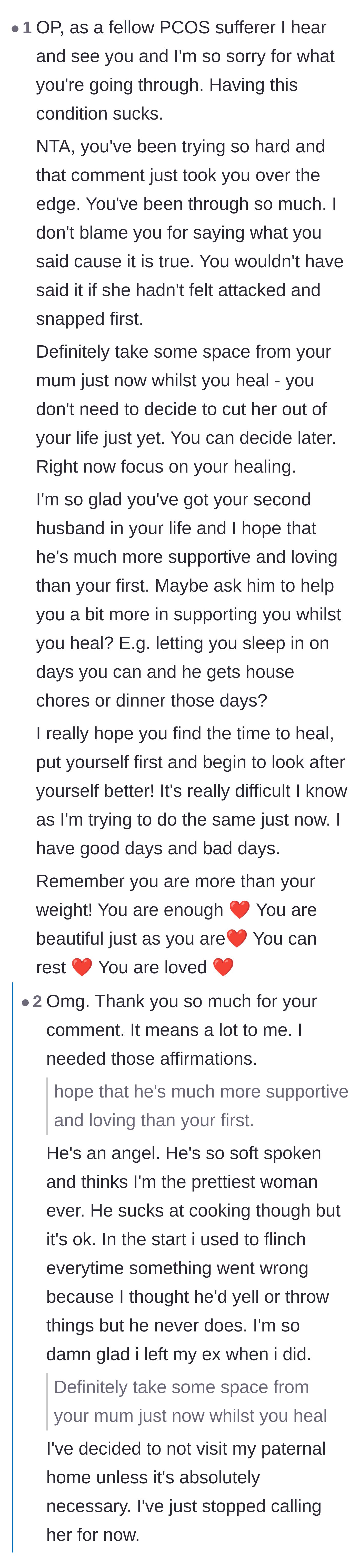 Comment thread 6 - Fellow PCOS warriors offering heartfelt affirmations and celebrating the author's supportive and gentle second husband.