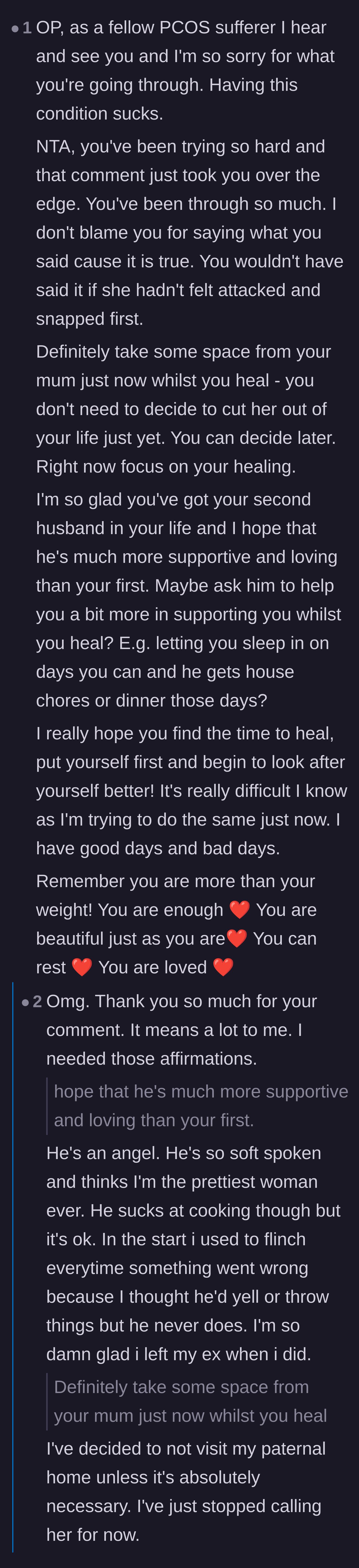 Comment thread 6 - Fellow PCOS warriors offering heartfelt affirmations and celebrating the author's supportive and gentle second husband.