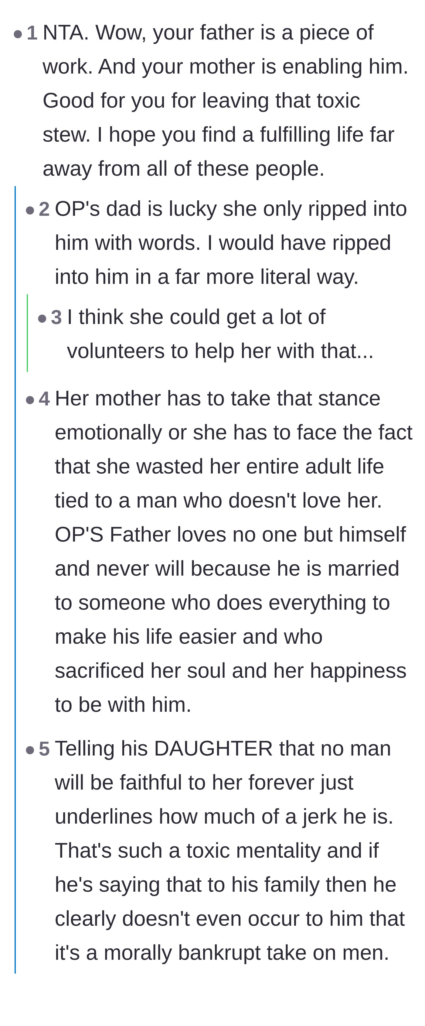 Comment thread 1 - Readers analyze the mother's tragic choice to enable her husband rather than face her wasted life.
