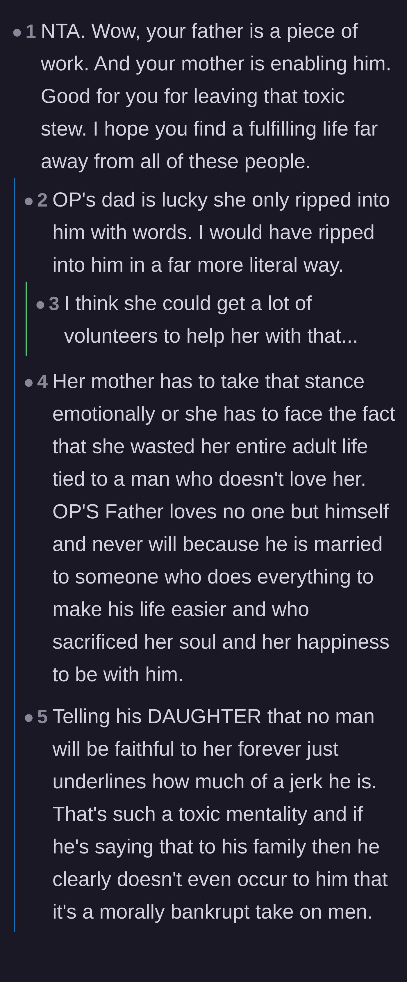 Comment thread 1 - Readers analyze the mother's tragic choice to enable her husband rather than face her wasted life.