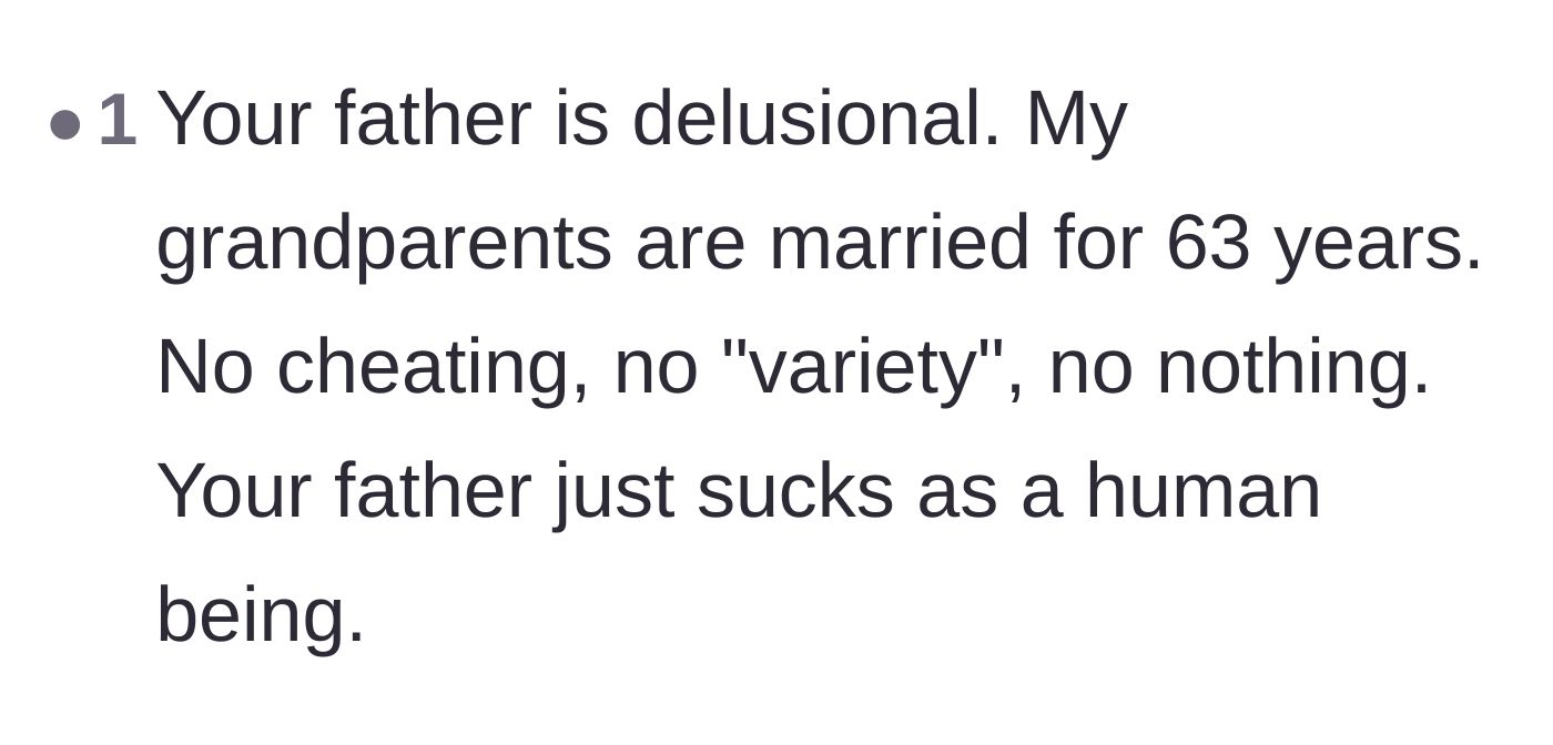 Comment thread 4 - A short comment calling the father delusional and citing a faithful 63-year marriage.