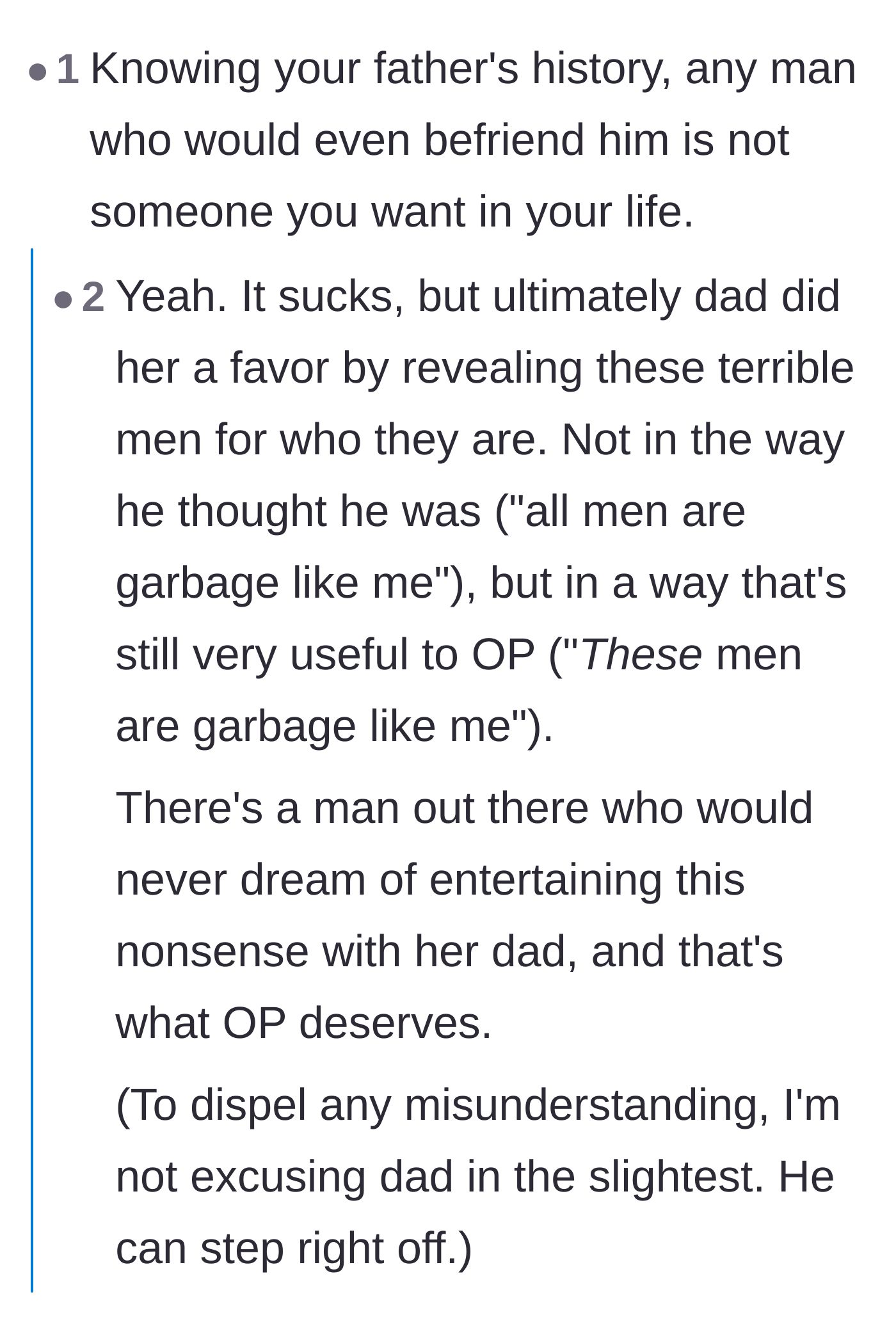 Comment thread 5 - Discussion about how the father inadvertently did the author a favor by exposing the fiancé's disloyalty.