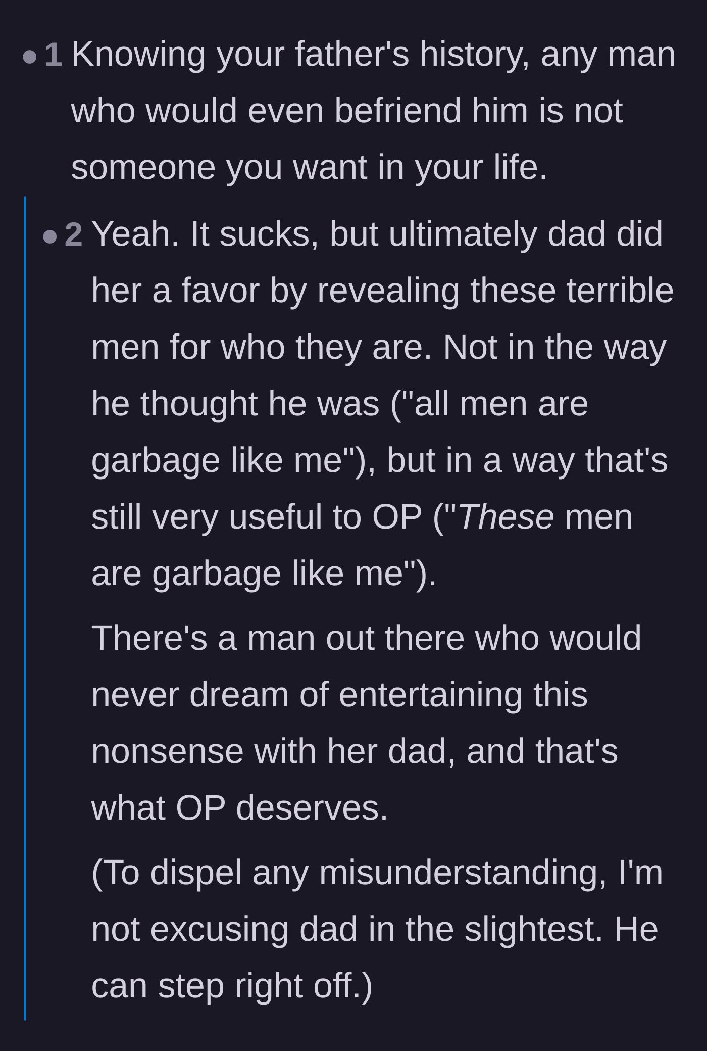 Comment thread 5 - Discussion about how the father inadvertently did the author a favor by exposing the fiancé's disloyalty.