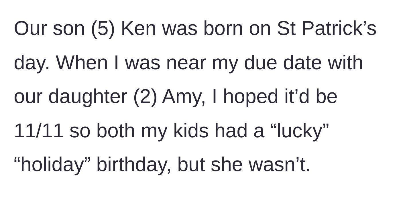 Story part 1 - A mother explains her son's St. Patrick's Day birthday and her wish for her daughter to have a similarly lucky birth date.
