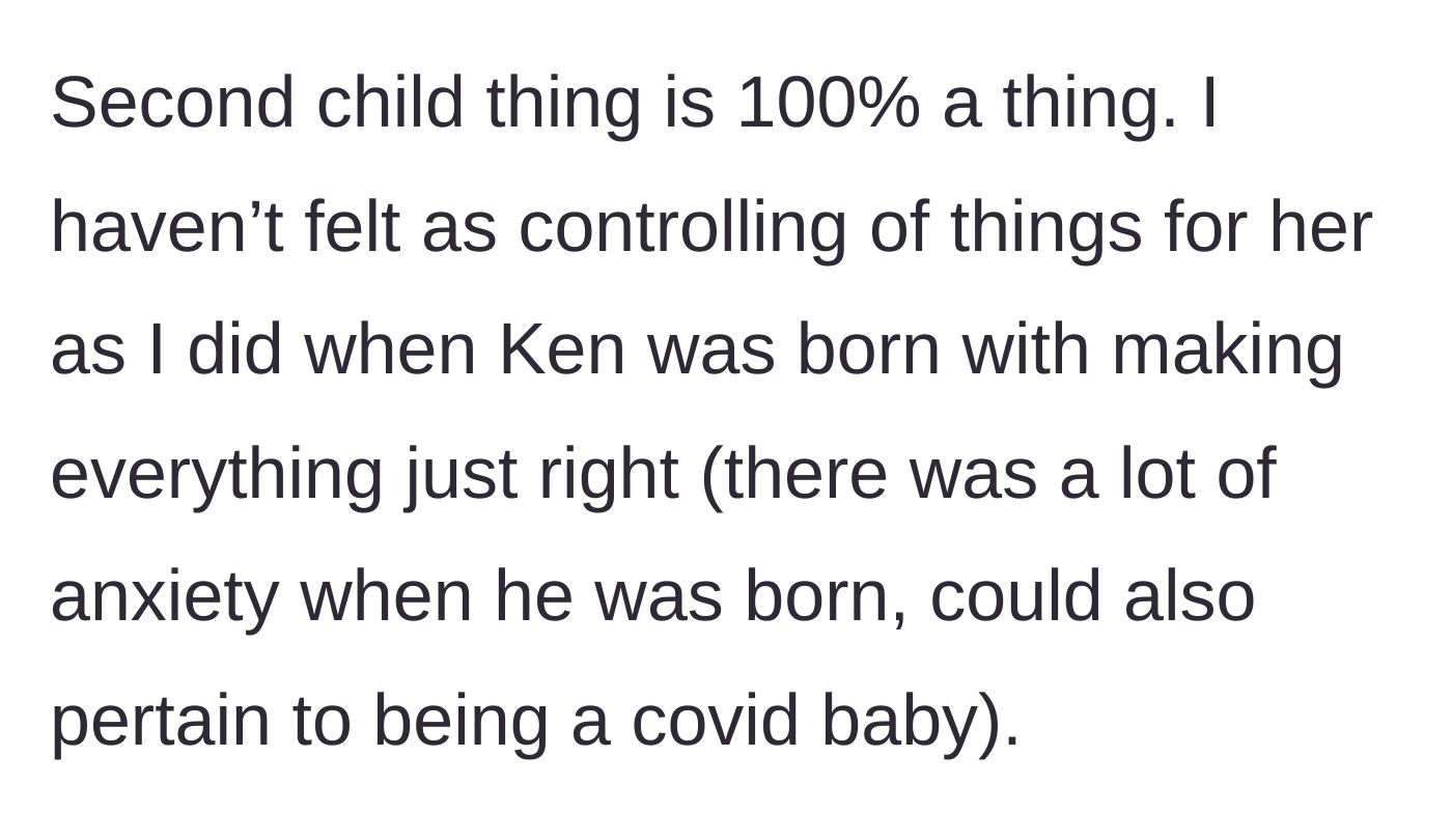 Story part 2 - The mother admits to experiencing second-child syndrome, finding herself less controlling with her youngest child.