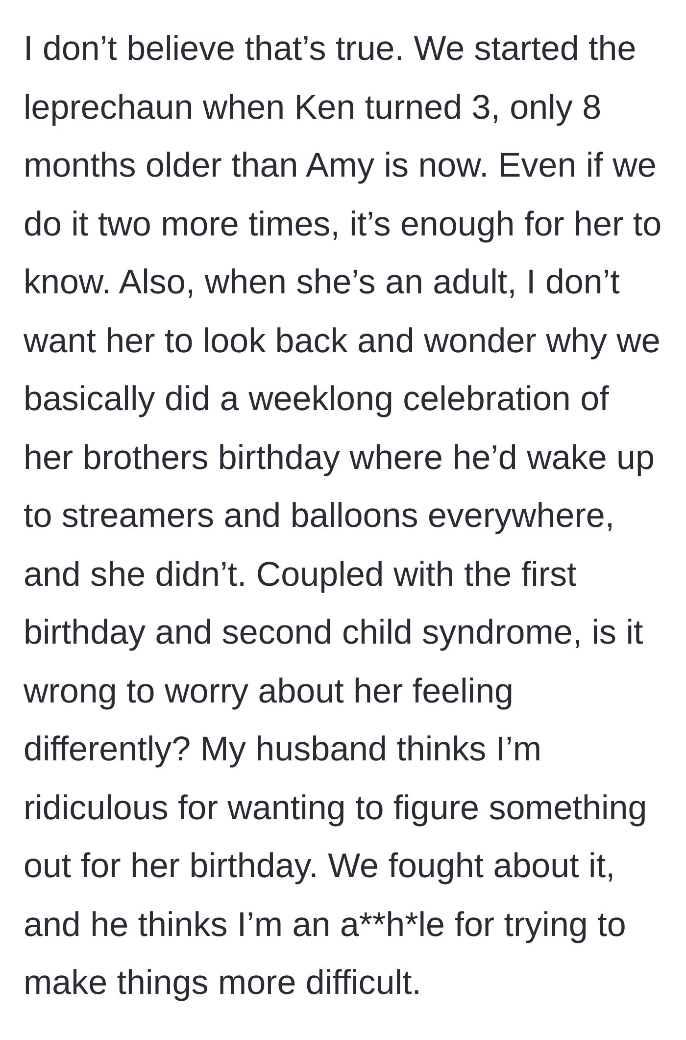 Story part 7 - The mother argues that the daughter will soon be old enough to realize the disparity, but the husband calls her unreasonable for causing friction.