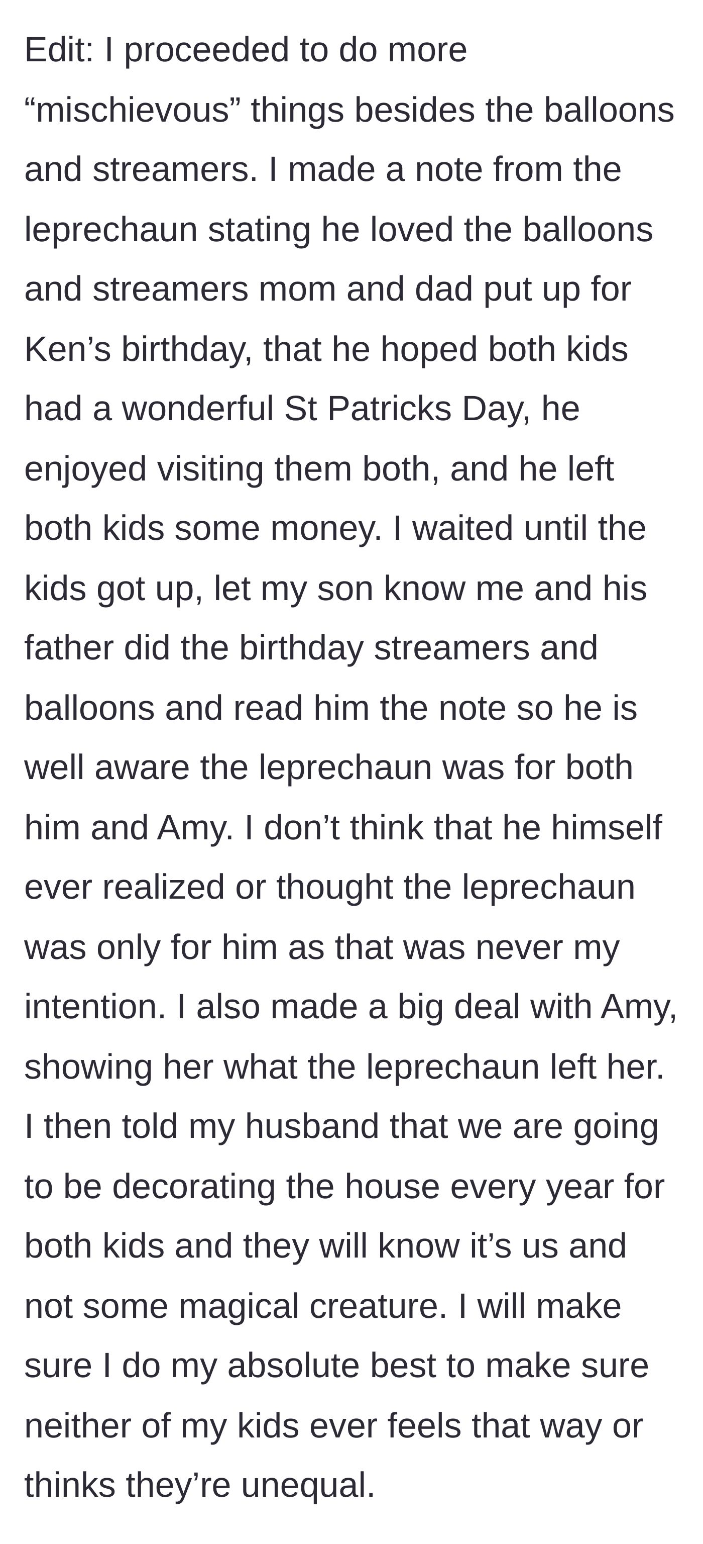 Story part 8 - The mother takes unilateral action, creating leprechaun notes for both children and establishing a permanent new rule for equal birthday treatment.